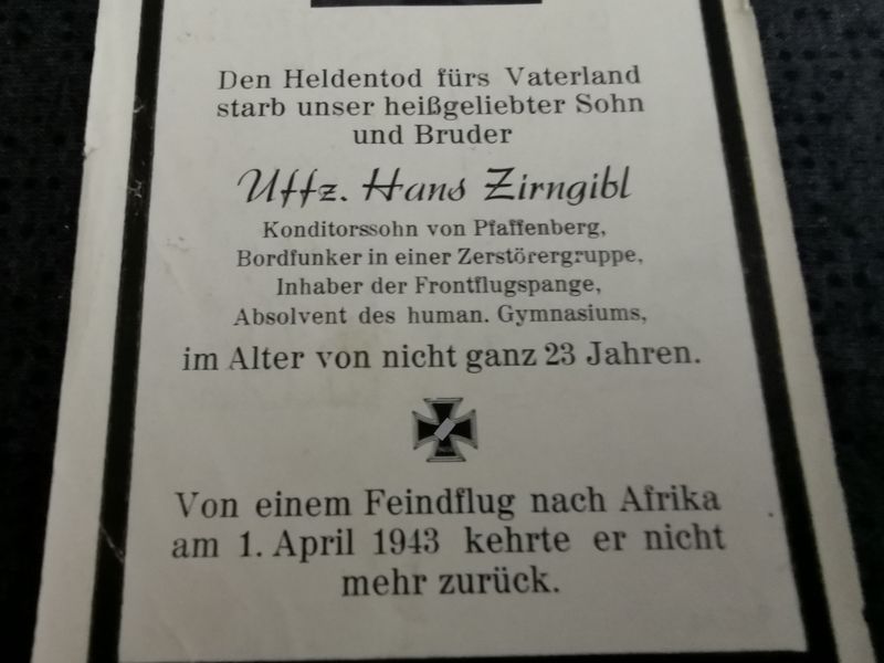 Sterbebild Unteroffizier Pfaffenberg Bordfunker 9. Jagdgeschwader 26 9/JG-26 FFS Traponi Sizilien Italien Afrika - www.mmilitaria.com