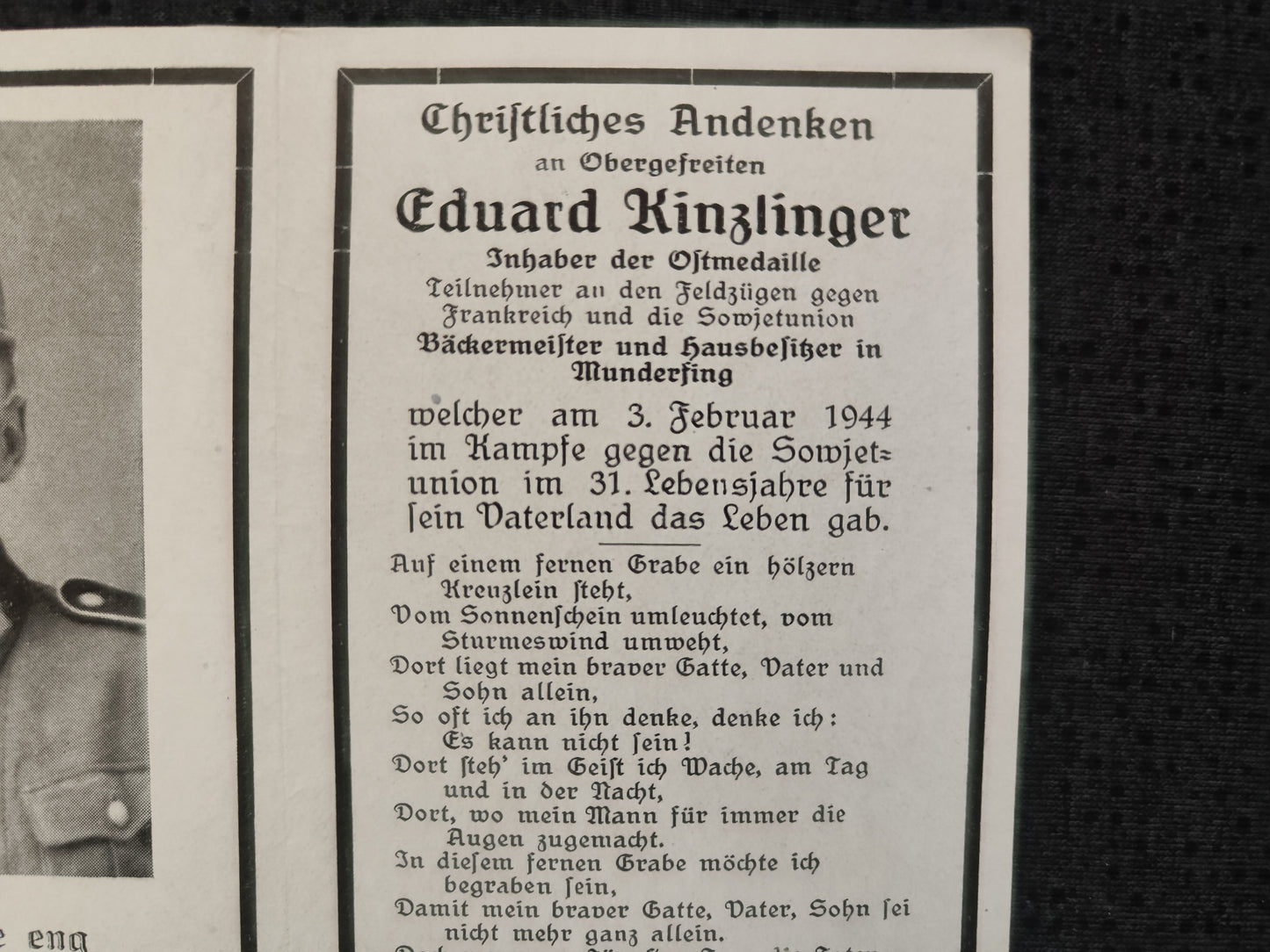 Sterbebild Obergefreiter Munderfing 1. Komp. Füsilier Btl. 291 Schepetowka Ukraine