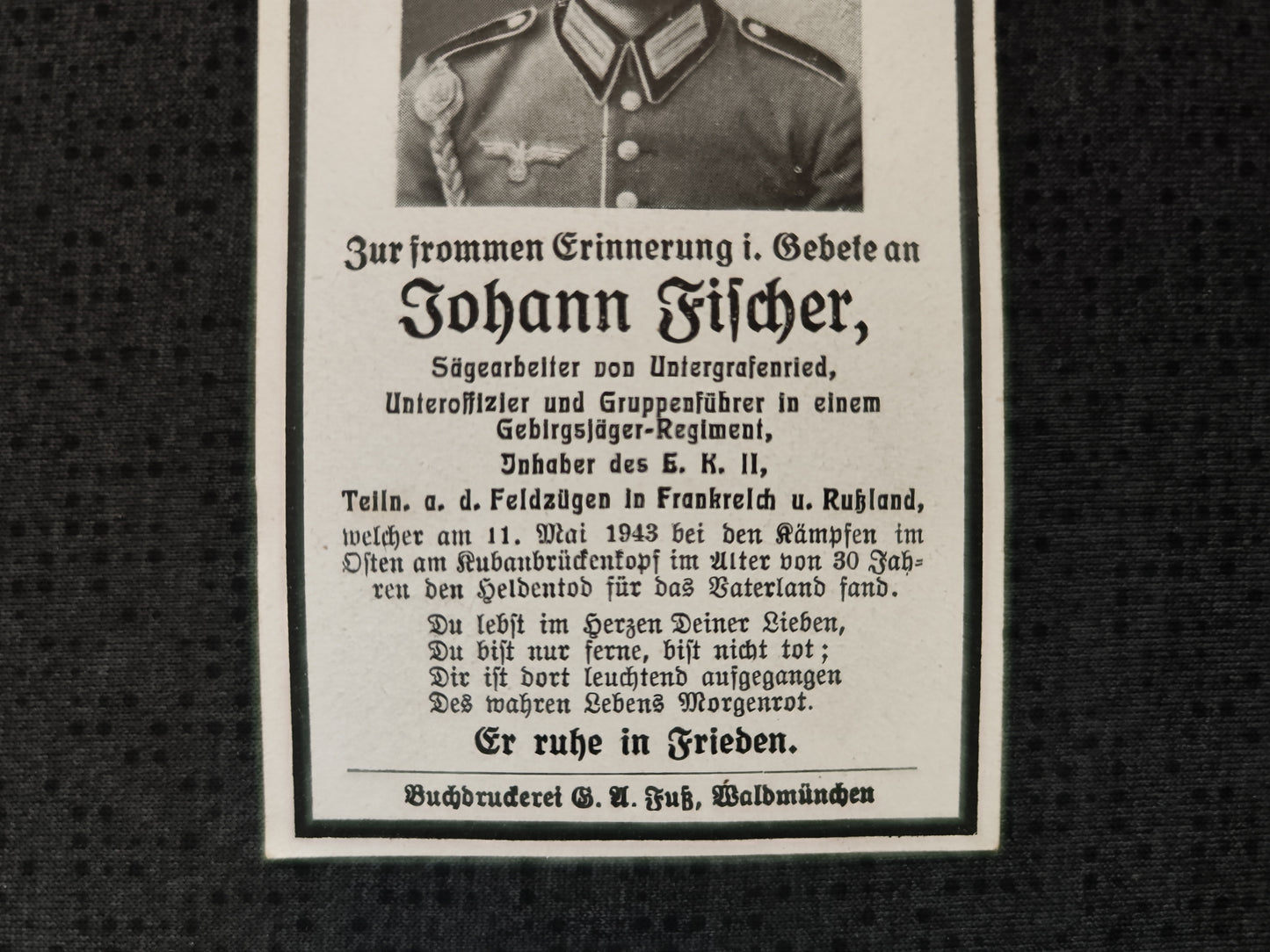 Sterbebild Unteroffizier Gruppenführer Gebirgsjäger Regt. EK II Kubanbrückenkopf Russland