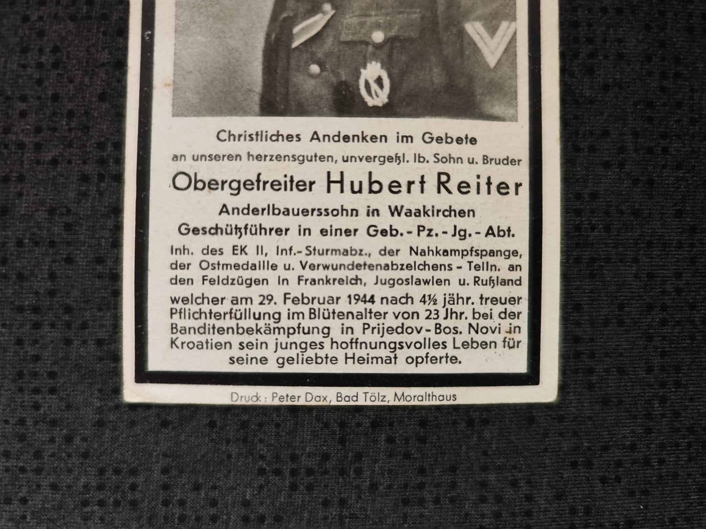 Sterbebild Obergefreiter Waakirchen Geschützführer 16. Komp. Geb. Jäg. Regt. 99 EK II NKS Banditen Prijodow Bosnien