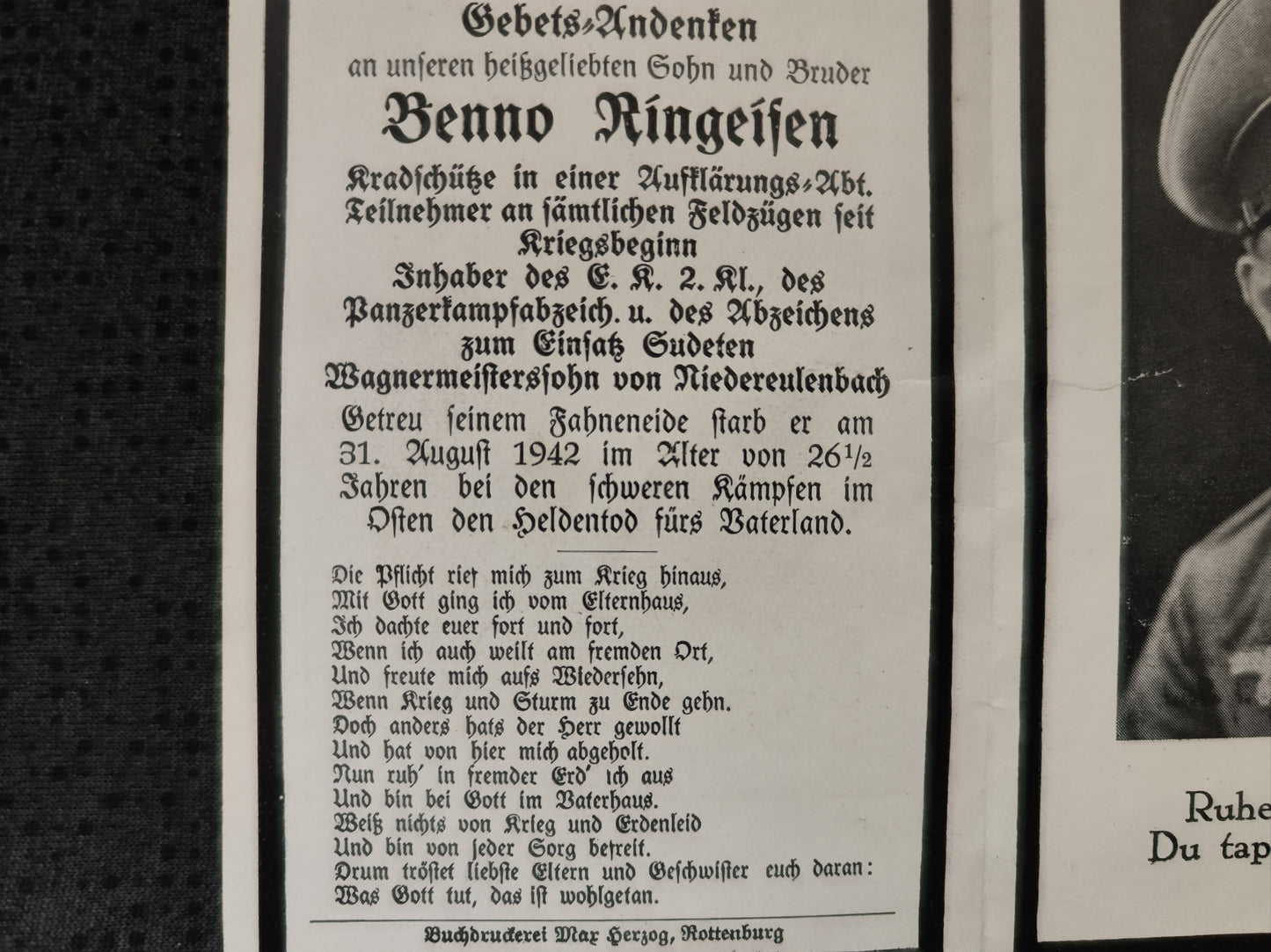 Sterbebild Obergefreiter Niedereulenbach 3. Komp. Krad-Schützen Btl. 34 EK II PSA Sudeten Abz. Bukan Russland