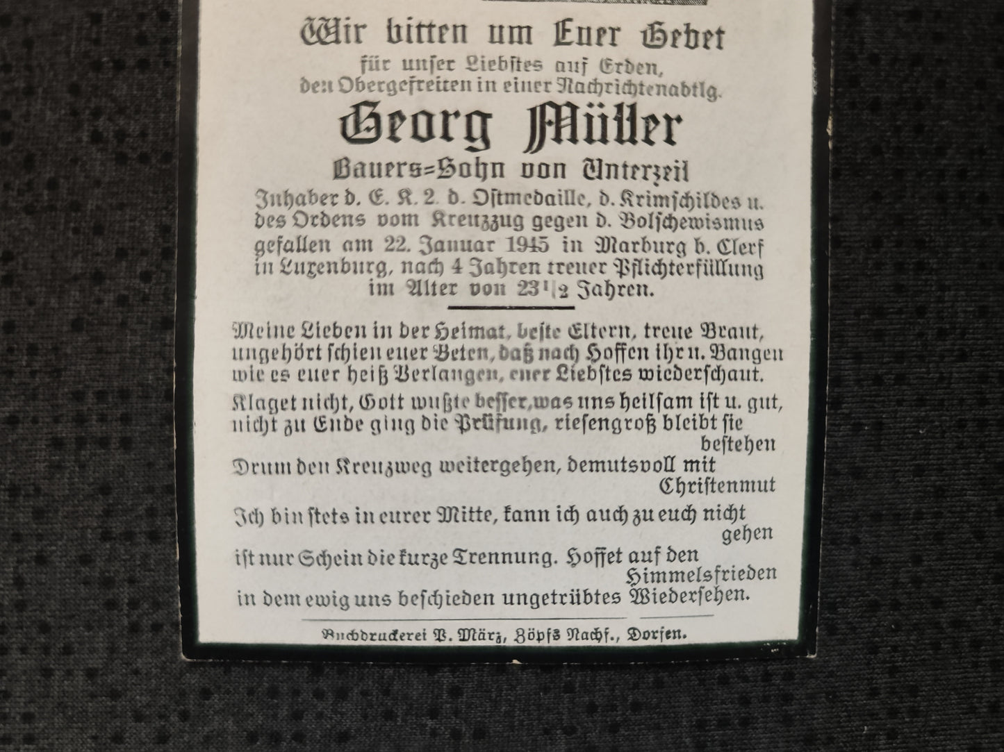 Sterbebild Obergefreiter Nachrichten Abt. EK II Krimschild Endkampf Marbourg Clerf Luxemburg