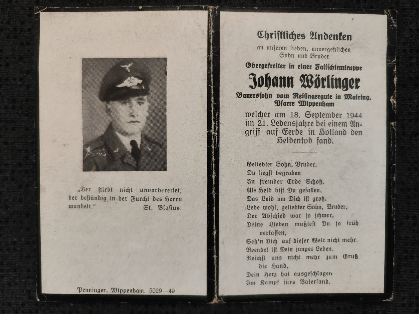 Sterbebild Obergefreiter Fallschirmjäger Regt. Eerde Orthen Ysselsteyn Holland