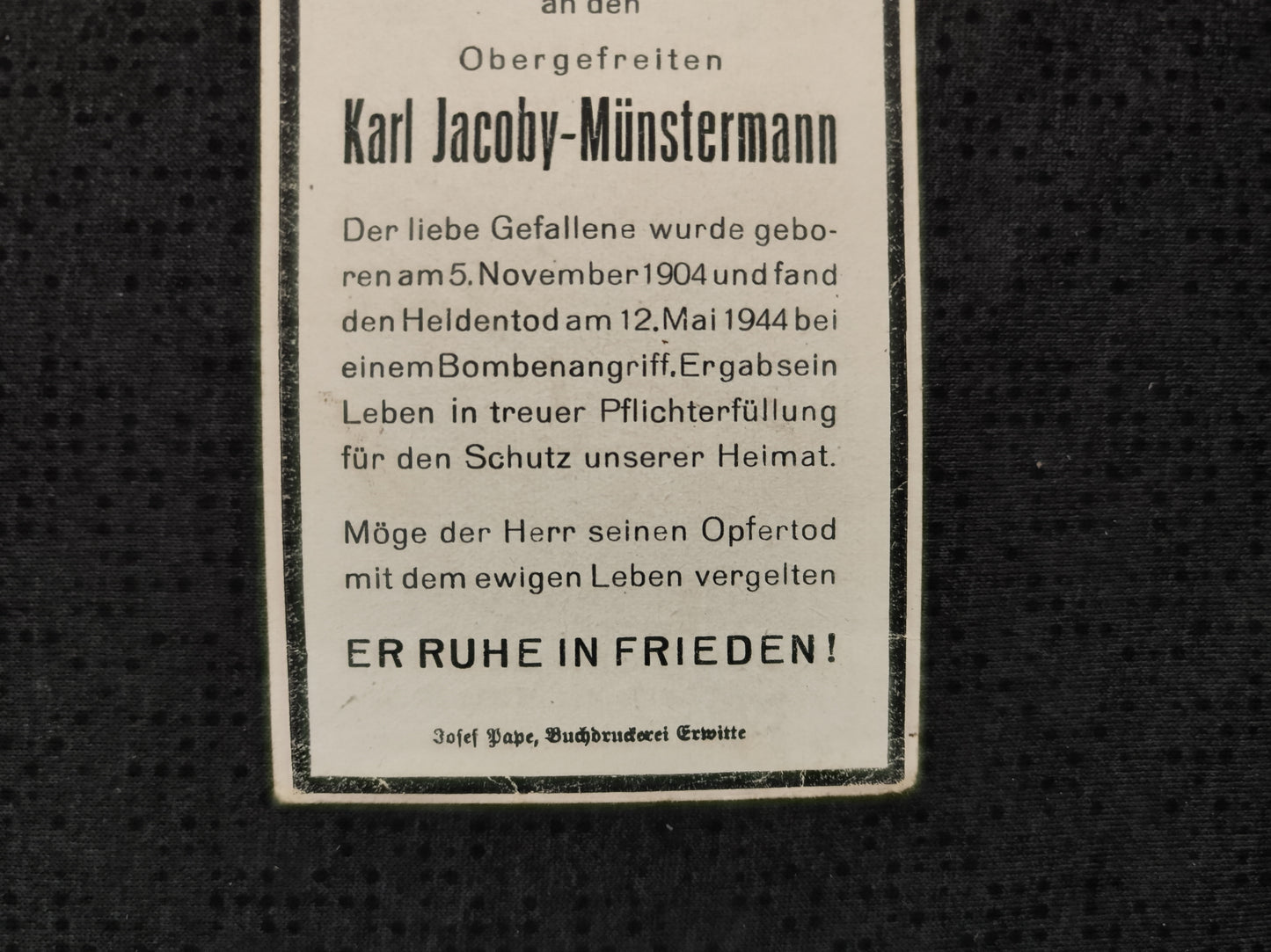 Sterbebild Obergefreiter 1. Batterie schwere Flak-Abt. 323 Bombenangriff Leipzig