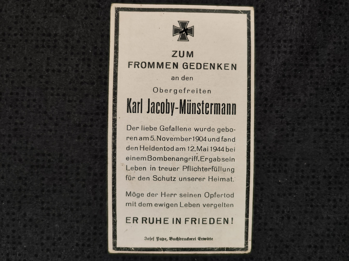 Sterbebild Obergefreiter 1. Batterie schwere Flak-Abt. 323 Bombenangriff Leipzig