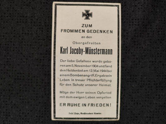 Sterbebild Obergefreiter 1. Batterie schwere Flak-Abt. 323 Bombenangriff Leipzig