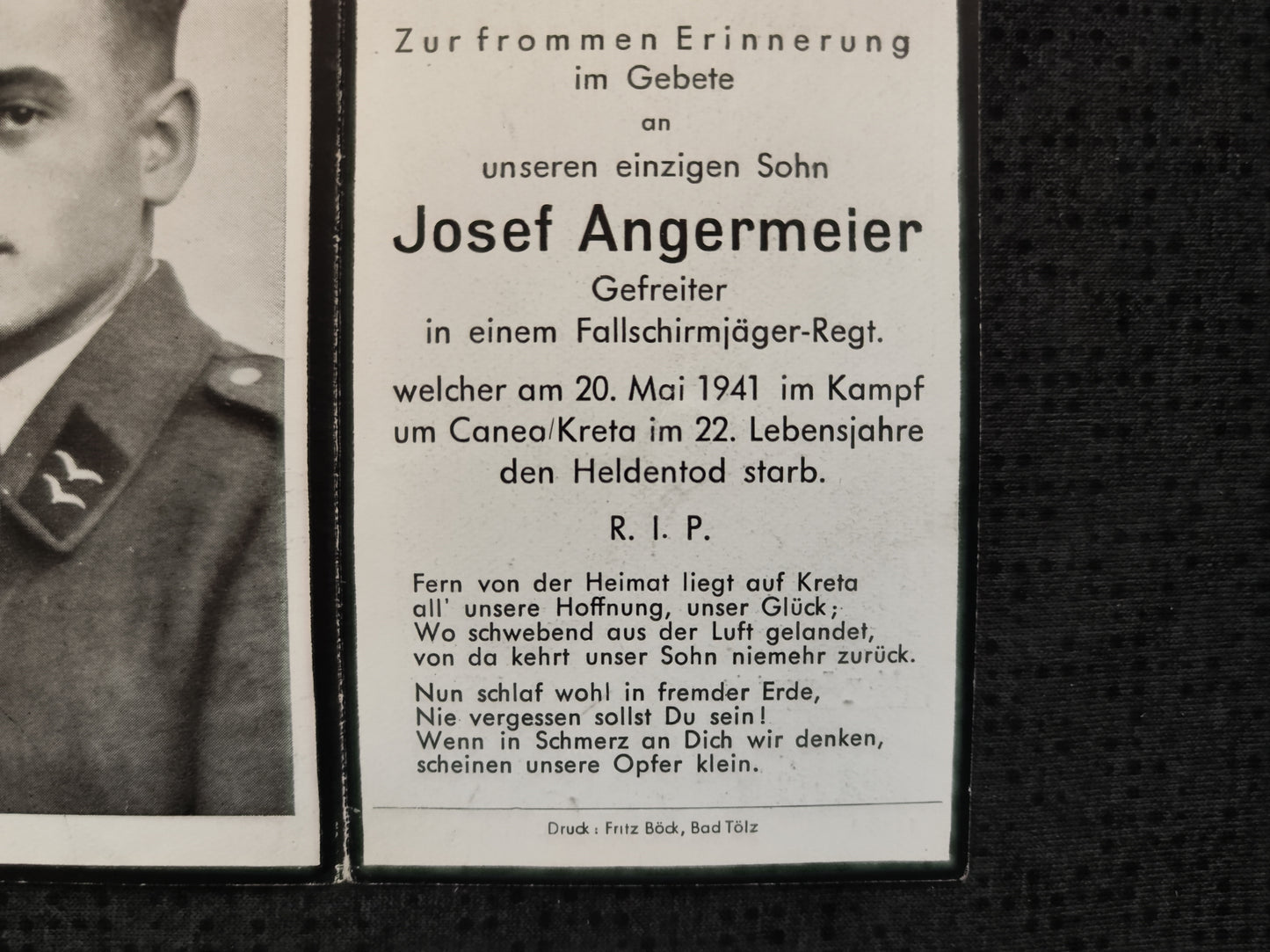 Sterbebild Gefreiter 2. Fallschirmjäger Regt. "Unternehmen Merkur" Kreta Maleme Griechenland