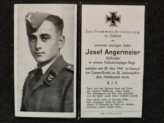 Sterbebild Gefreiter 2. Fallschirmjäger Regt. "Unternehmen Merkur" Kreta Maleme Griechenland