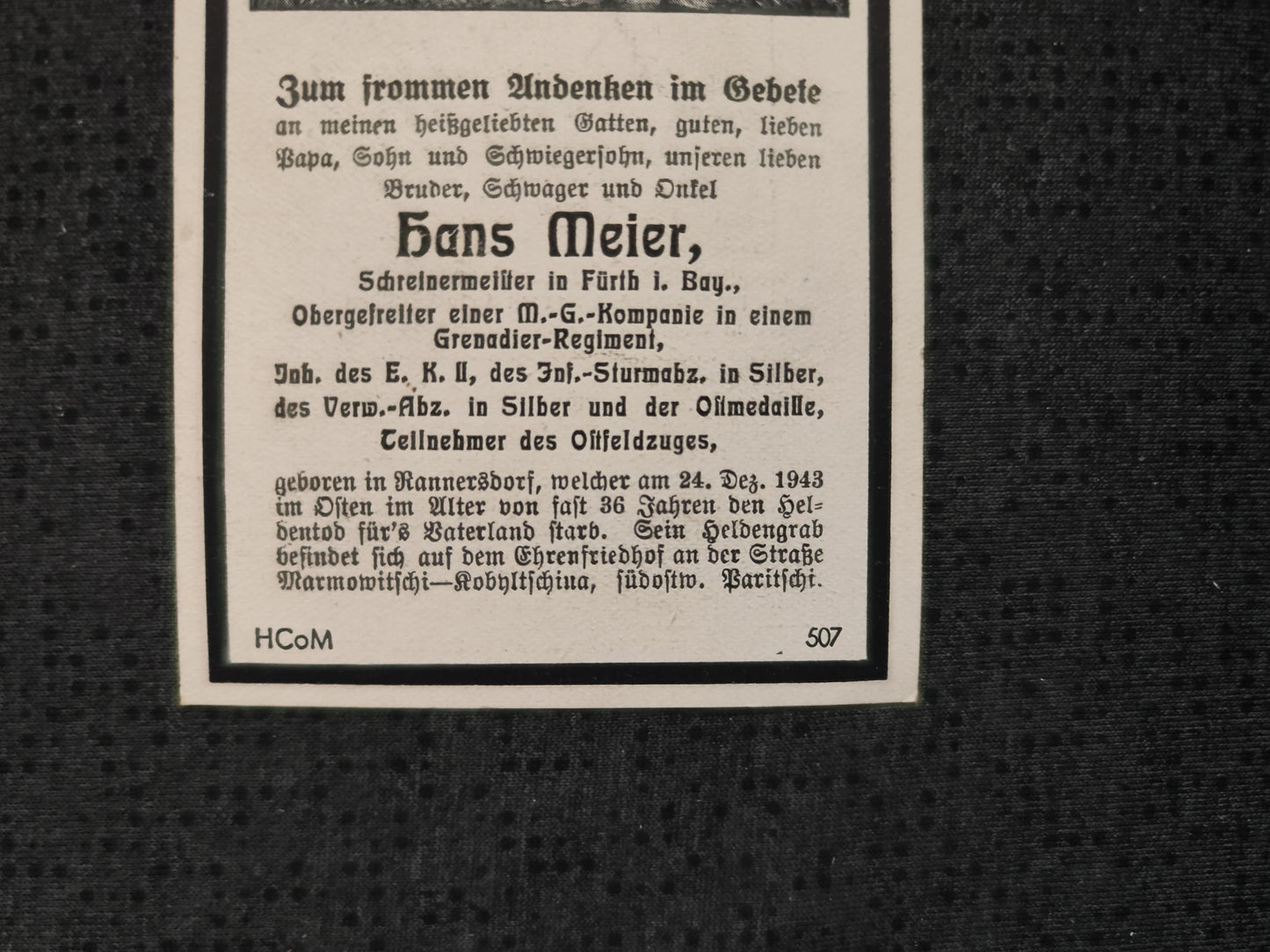 Sterbebild Obergefreiter Fürth MG-Kompanie Grenadier Regt. EK II ISA Silber Osten