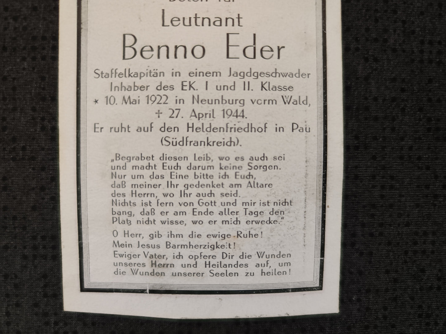 Sterbebild Leutnant Staffelkapitän Jagdgeschwader 2 EK I&II Pau Frankreich