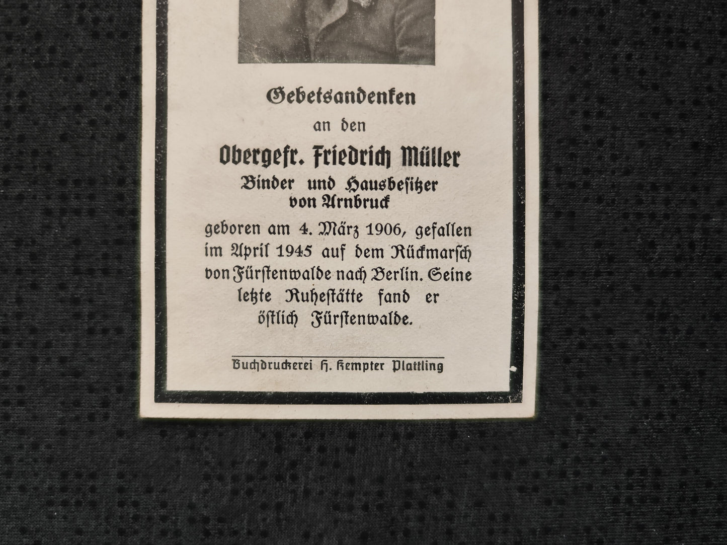 Sterbebild Obergefreiter Arnbruck Endkampf Rückmarsch Fürstenwalde Berlin Deutschland