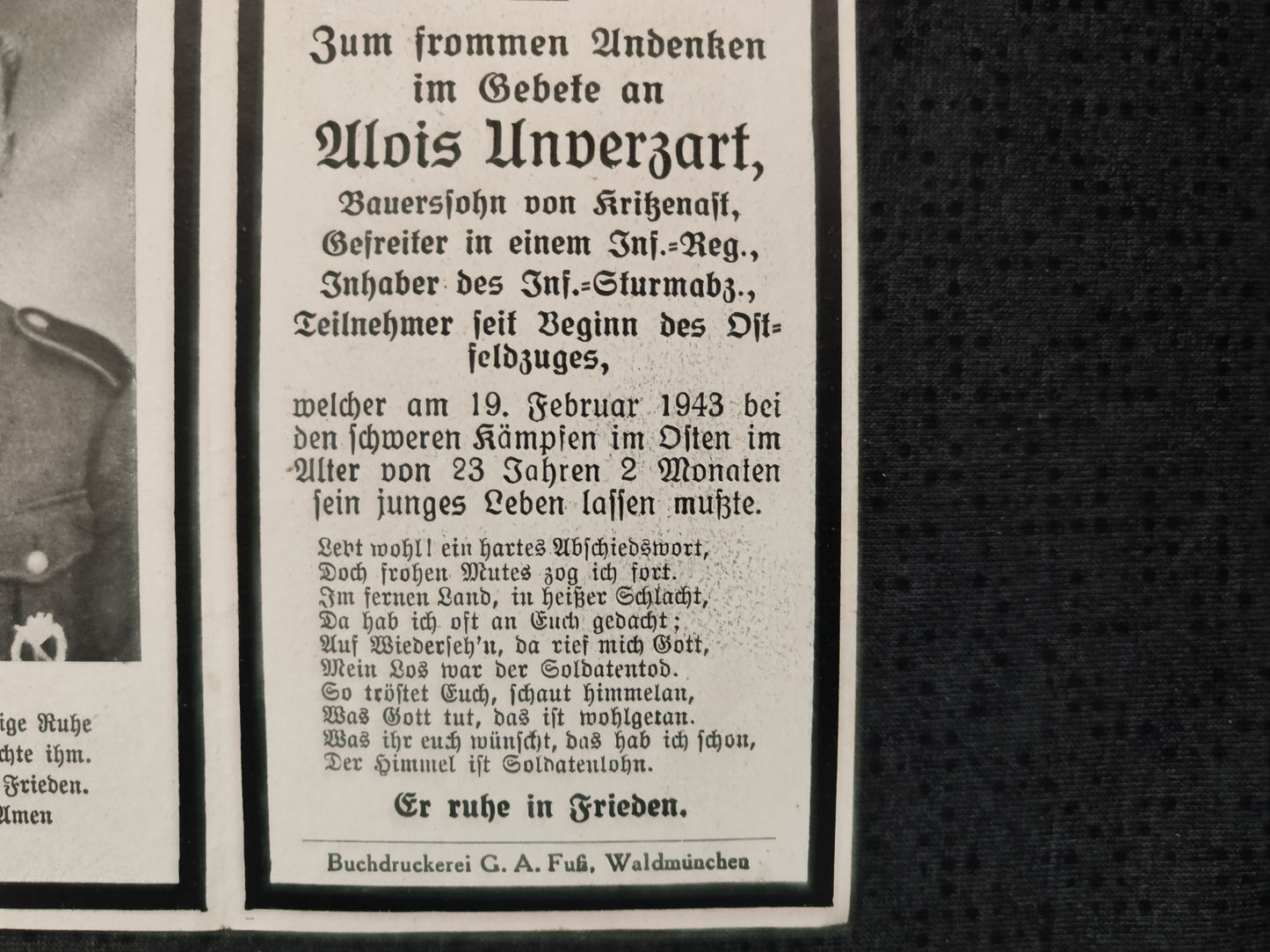 Sterbebild Gefreiter Kritzenast 12. Komp. Gren. Regt. 135 Nagornyj Russland