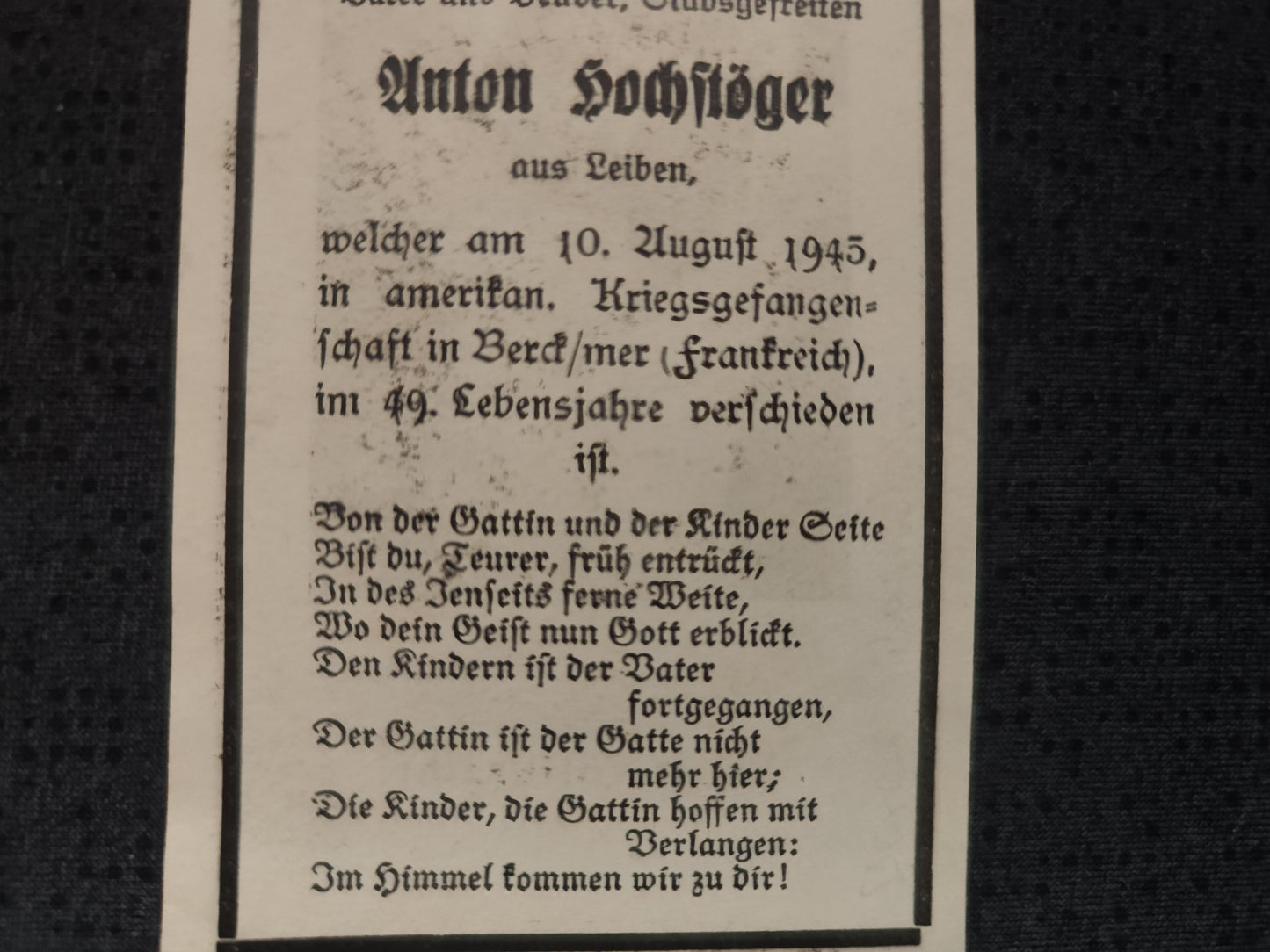 Sterbebild Stabsgefreiter Leiben Amerikanische Gefangenschaft Berck Bourdon Frankreich