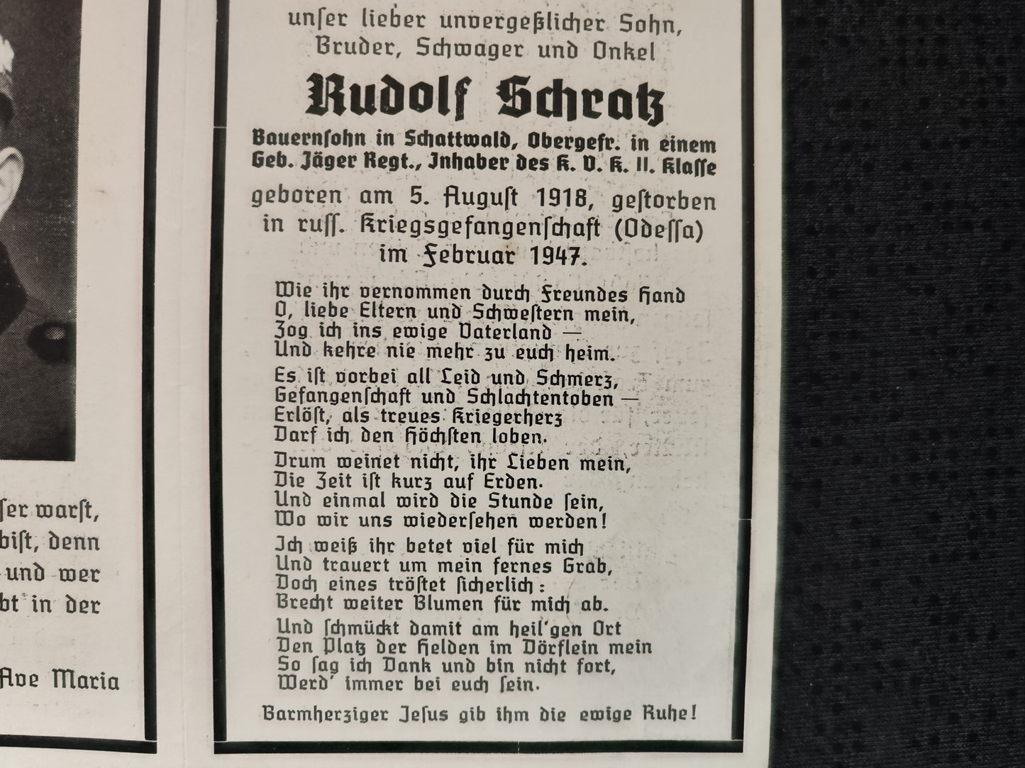 Sterbebild Obergefreiter Gebirgsjäger Regt. Gefangenschaft Odessa Ukraine