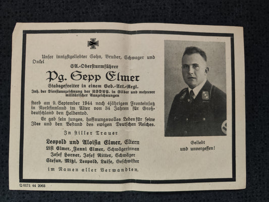 Sterbebild SA-Obersturmführer Stabsgefreiter Gebirgsjäger Regt. Scharisee Salla Nordfinnland