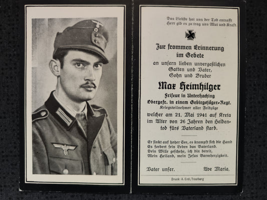 Sterbebild Obergefreiter Unterhaching III. Btl. / Geb. Jäger Regt. 100 Kreta Maleme Griechenland