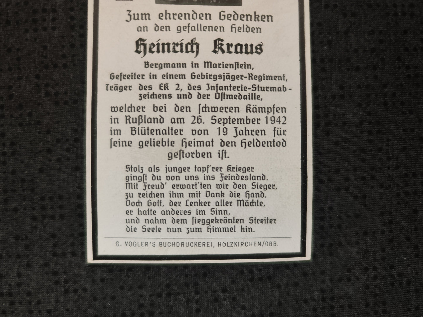 Sterbebild Gefreiter Marienstein 1. Komp. Jäger Btl. 7 EK II ISA Sheljuchowo Russland