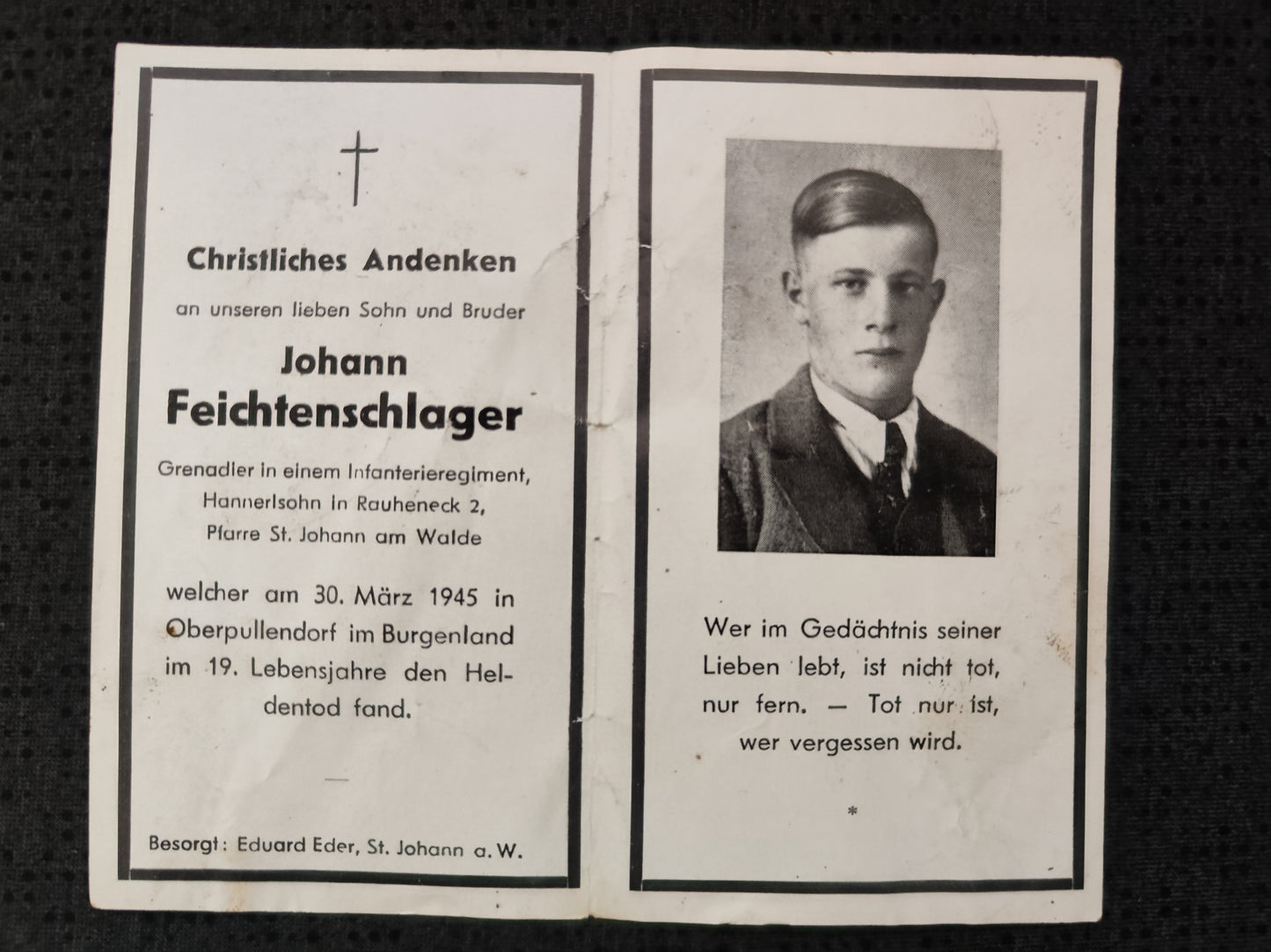 Sterbebild Grenadier St. Johann Infanterie Regt. Oberpullendorf Burgenland Mattersburg Österreich