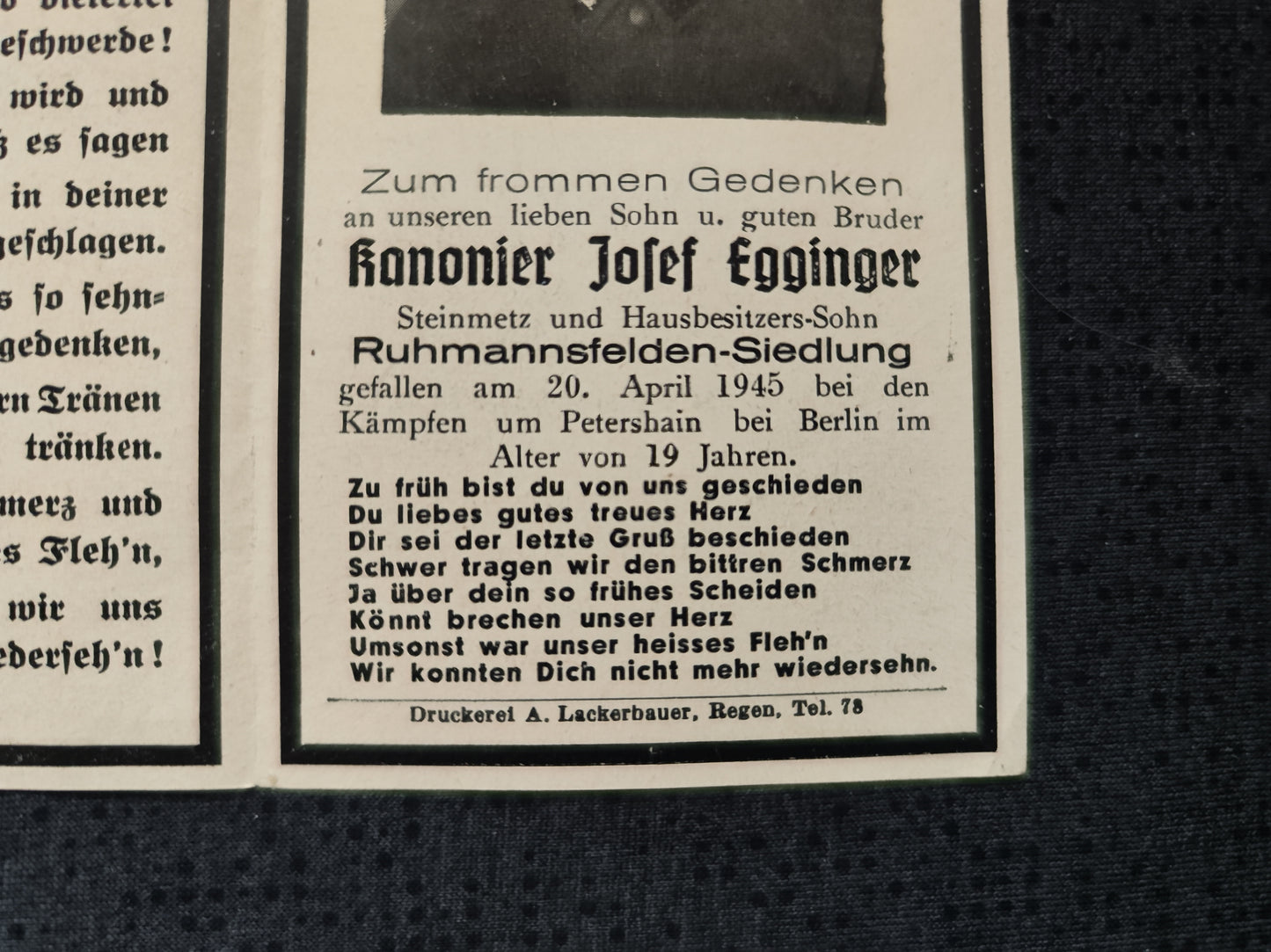 Sterbebild Kanonier Ruhmannsfelden Artillerie Regt. Endkampf Petershain Berlin