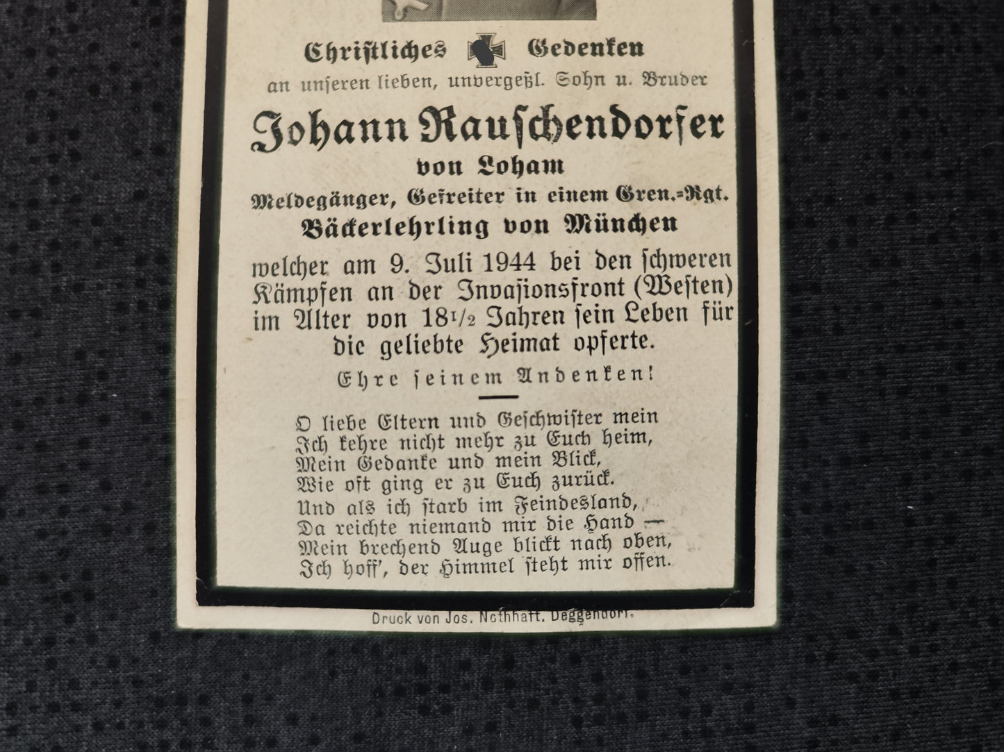 Sterbebild Gefreiter München Meldegänger Grenadier Regt. Invasionsfront La Chapelle La Cambe Normandie Frankreich