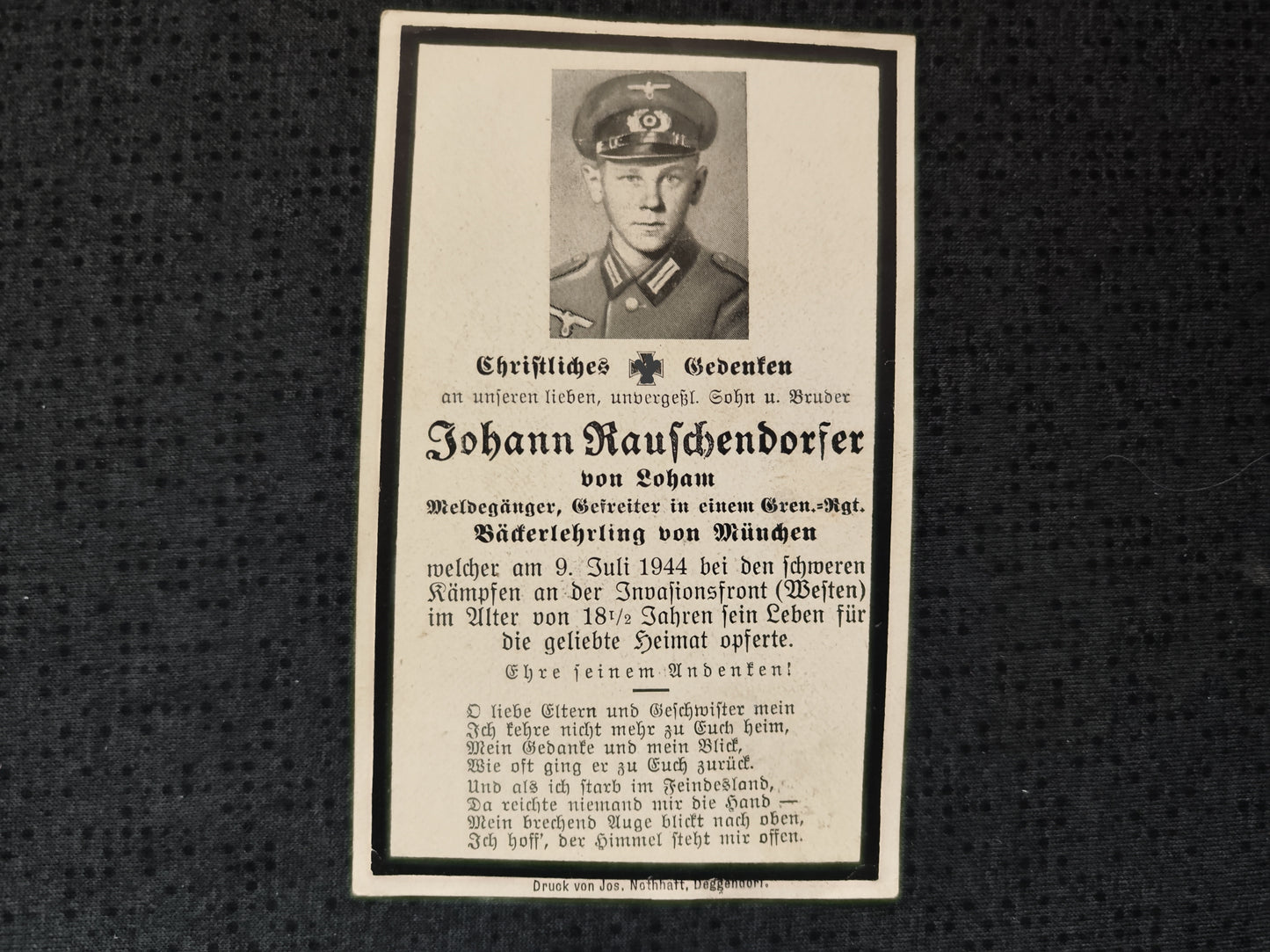 Sterbebild Gefreiter München Meldegänger Grenadier Regt. Invasionsfront La Chapelle La Cambe Normandie Frankreich