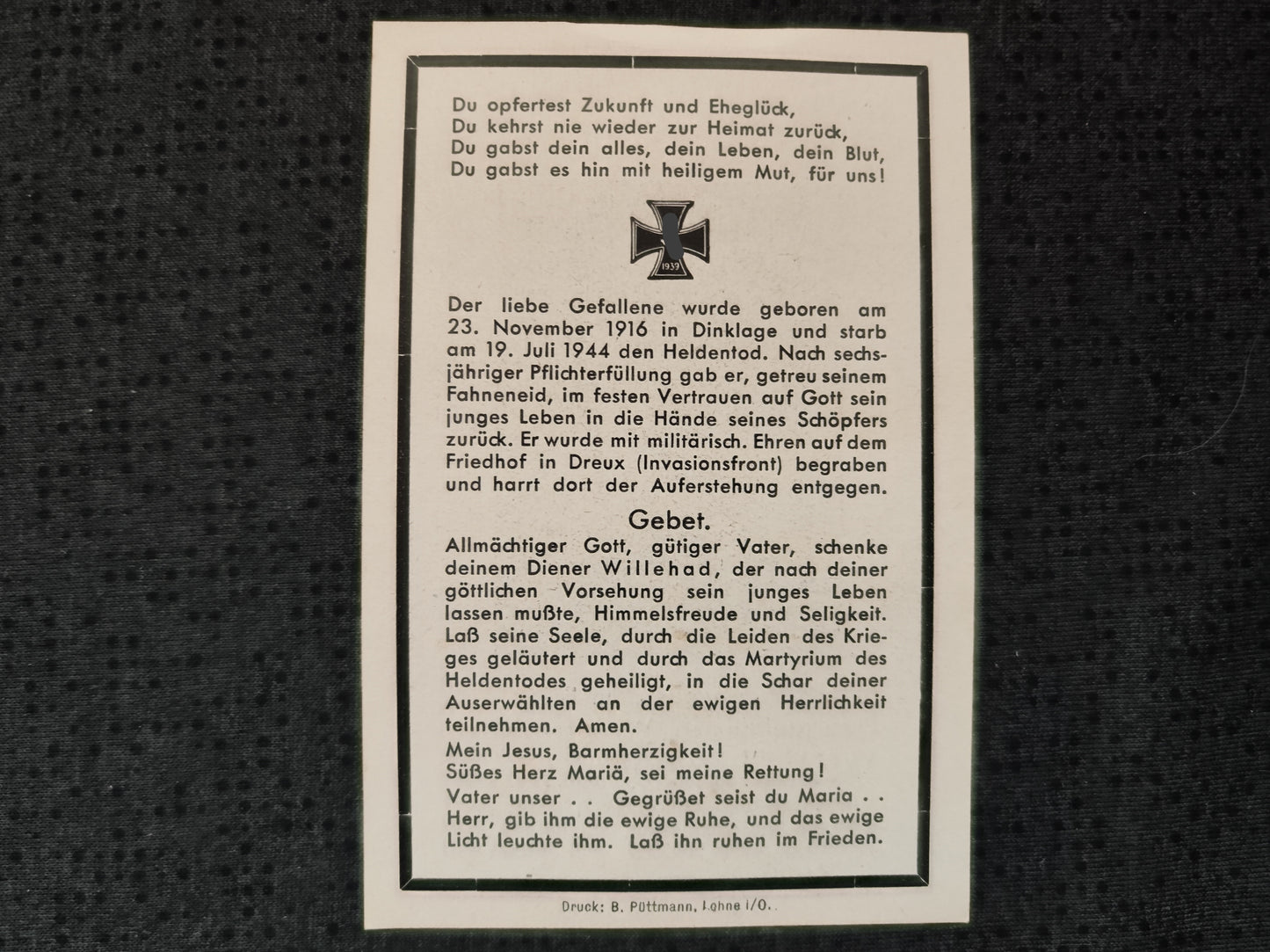 Sterbebild Wachtmeister Dinklage Flakzugführer Regt.-Stab Flaksturm Abz. Normandie Dreux Champigny-St.André Frankreich