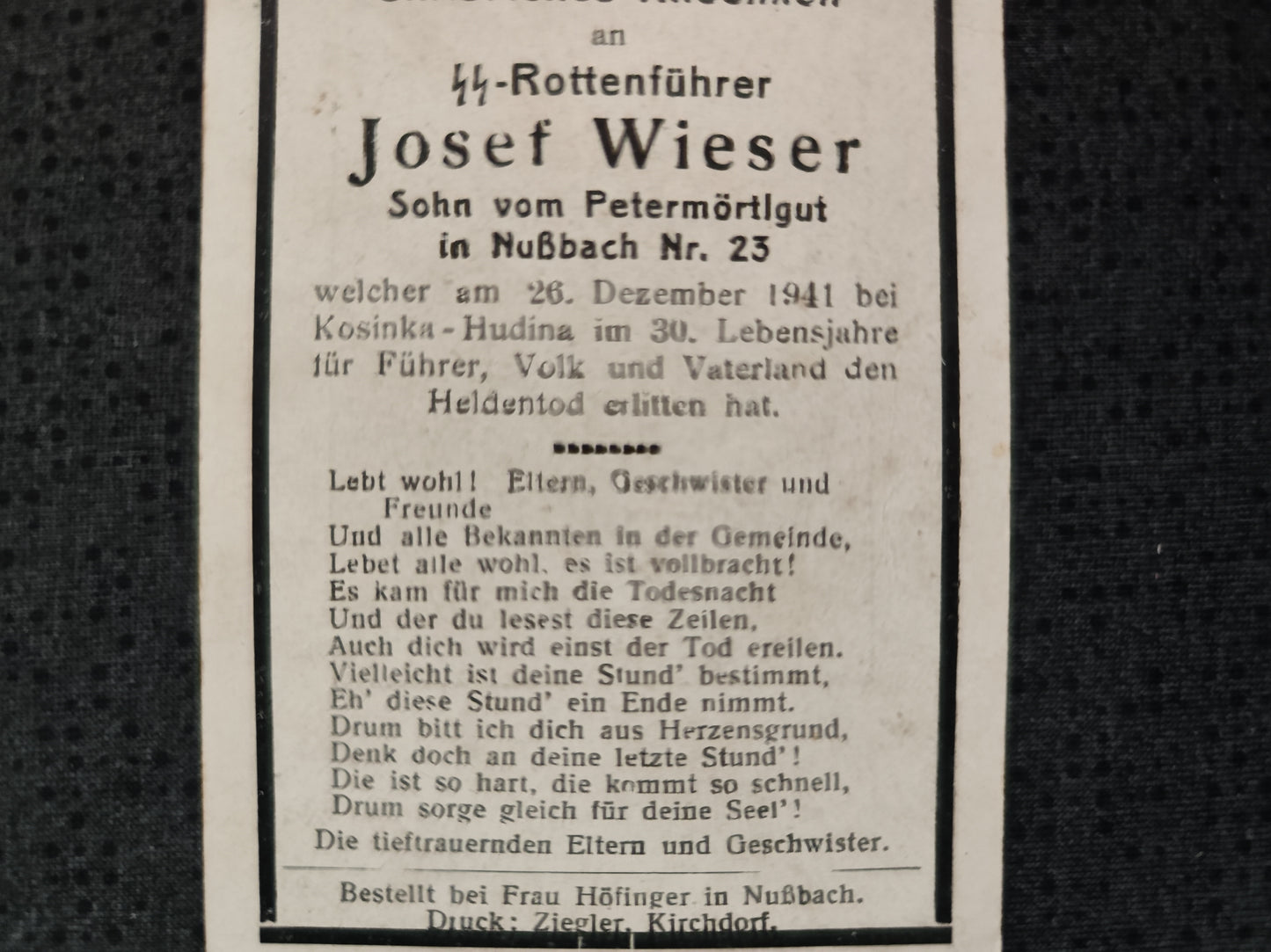 Sterbebild SS-Rottenführer Kirchdorf 9. Komp. SS-Inf. Regt. 10 (Mot) Kosinka-Hudina Russland