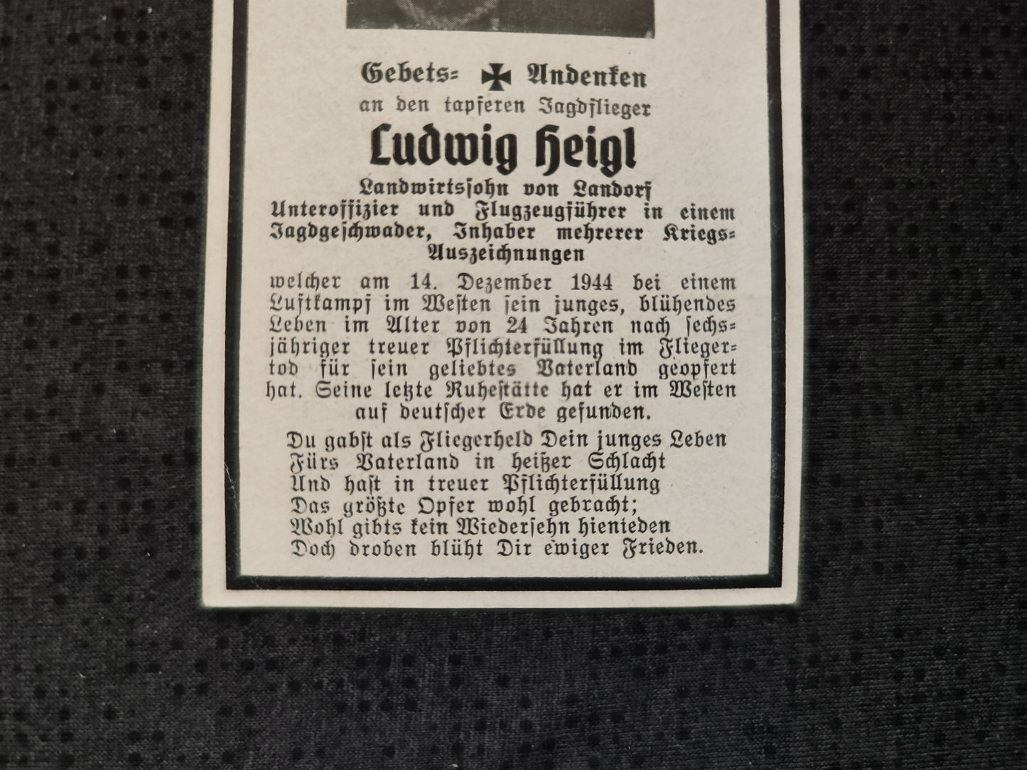 Sterbebild Unteroffizier Flugzeugführer Landorf 15. Staffel Jagdgeschwader 4 Bf 109 Niederwald Westen