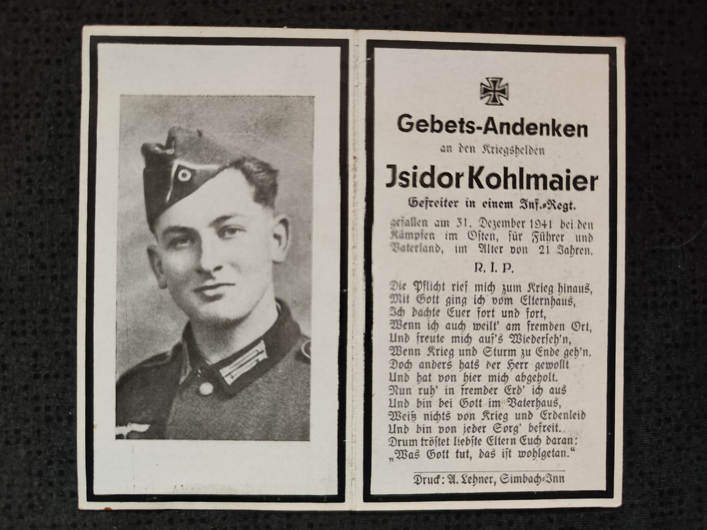 Sterbebild Gefreiter Erlach am Inn 3. Komp. Inf. Regt. 199 "List" Kalinin Kursk Russland