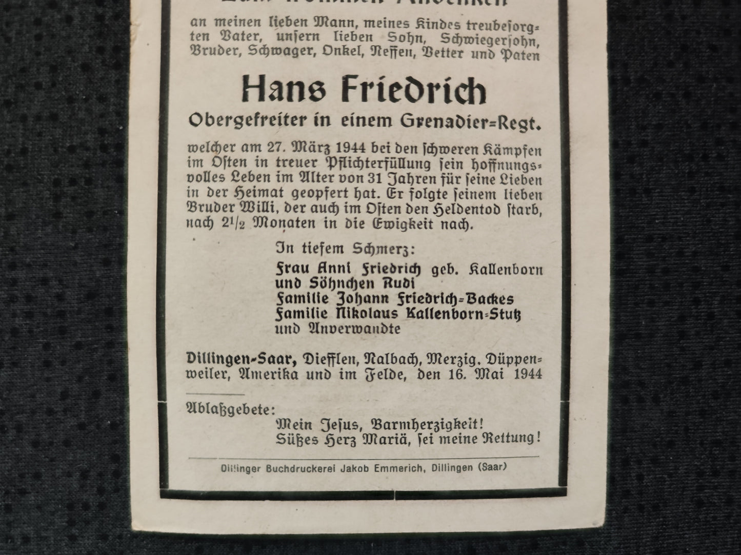 Sterbebild Obergefreiter Dillingen-Saar Grenadier Regt. Osten