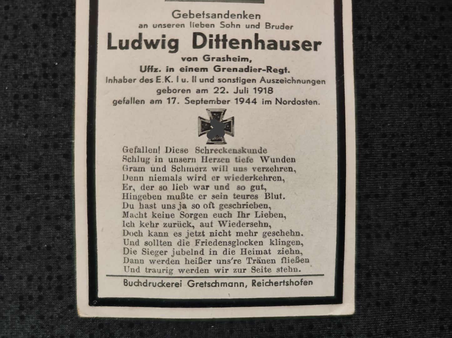 Sterbebild Unteroffizier Grenadier Regt. Grasheim EK I&II Lacis Lettland Nordosten