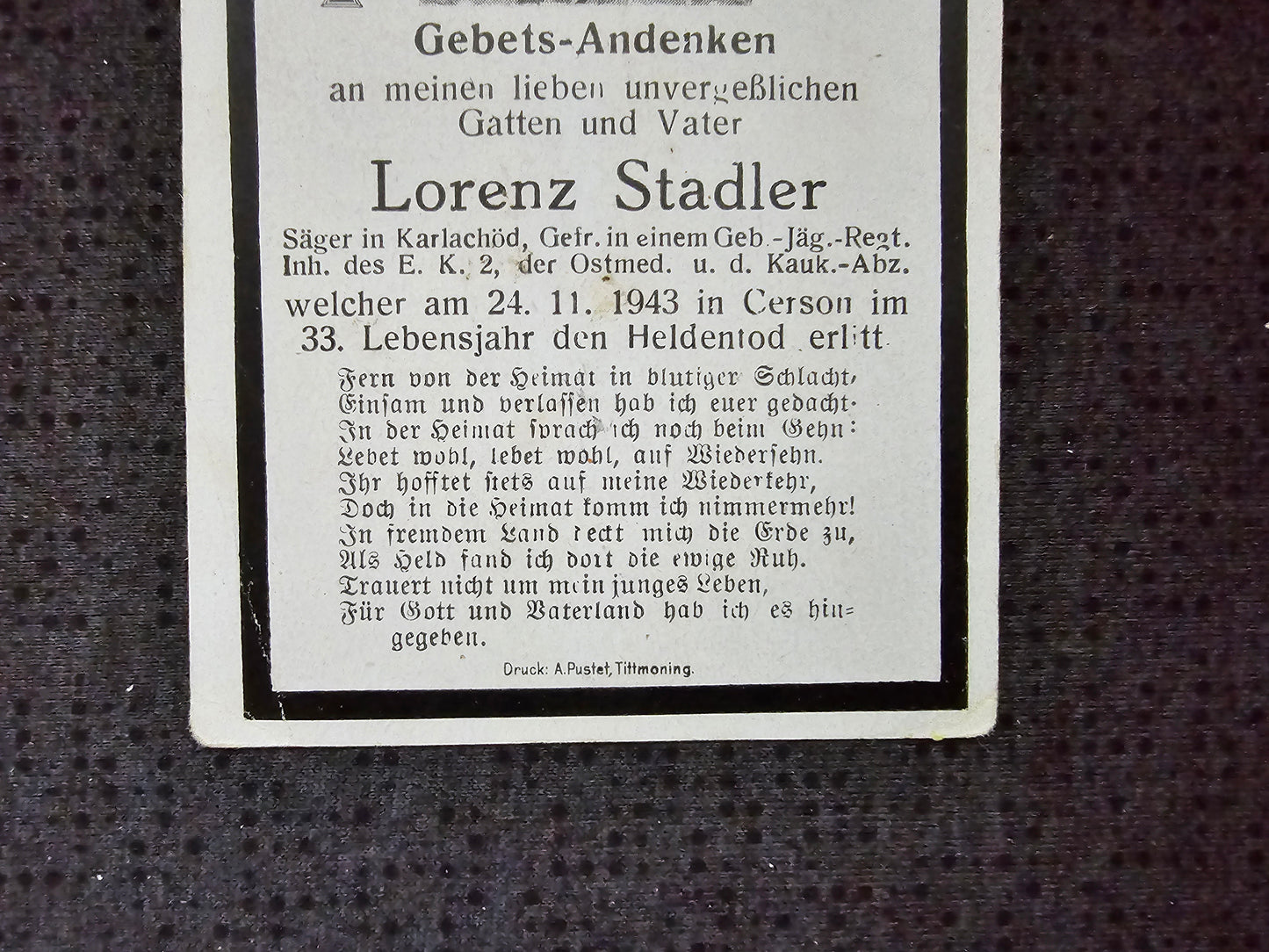 Sterbebild Gefreiter Karlsschöd 14. Komp. Geb. Jäger Regt. 91 Kaukasus Abz. Bahndamm Aleschki Cherson Ukraine