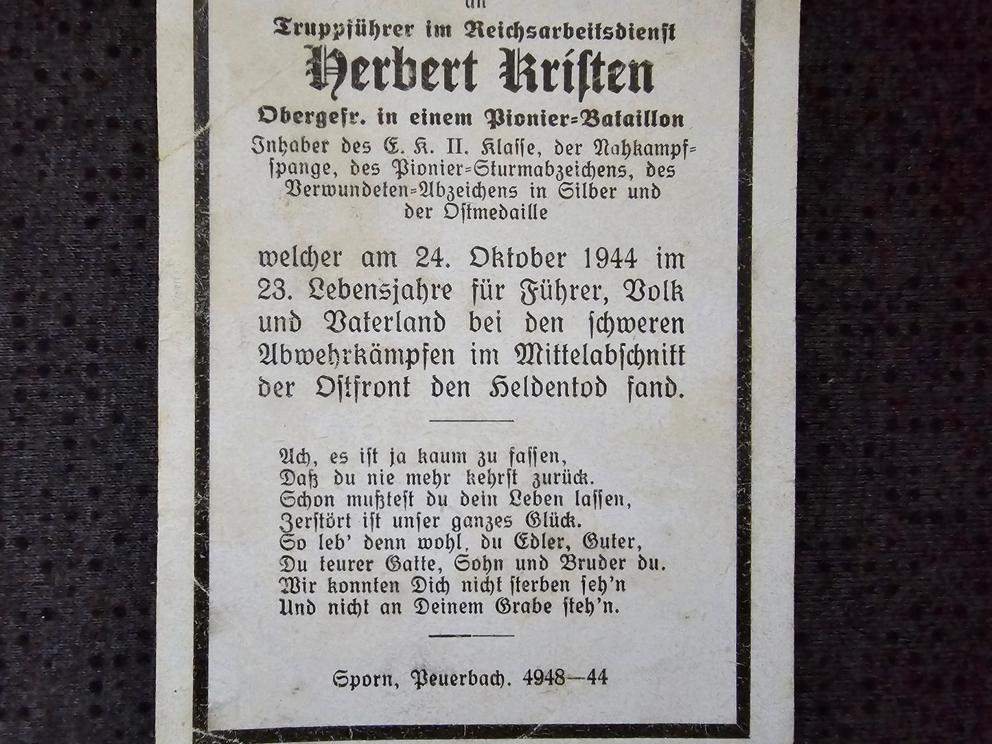 Sterbebild Obergefreiter Neu-Ullersdorf Pionier Btl. Truppführer RAD NKS Pionier Sturm Abz. Mlawka Polen