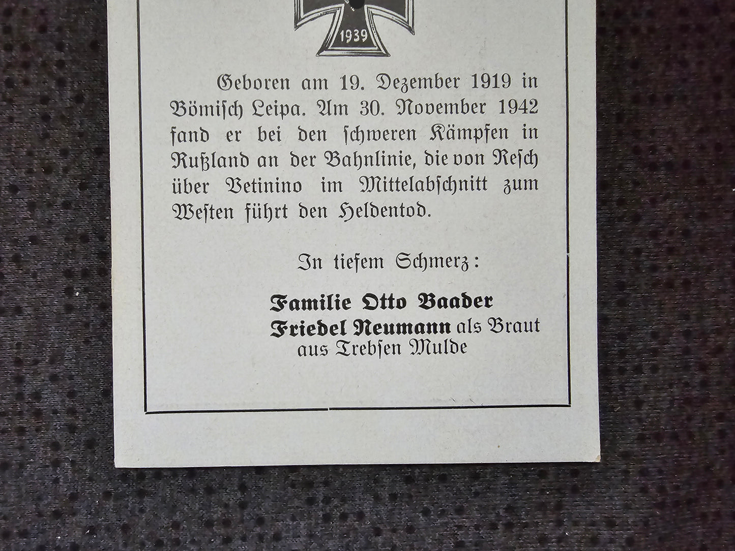 Sterbebild Unteroffizier Česká Lípa 3. Komp. Kradschützen Btl. 54 Fetinino Rshew Russland