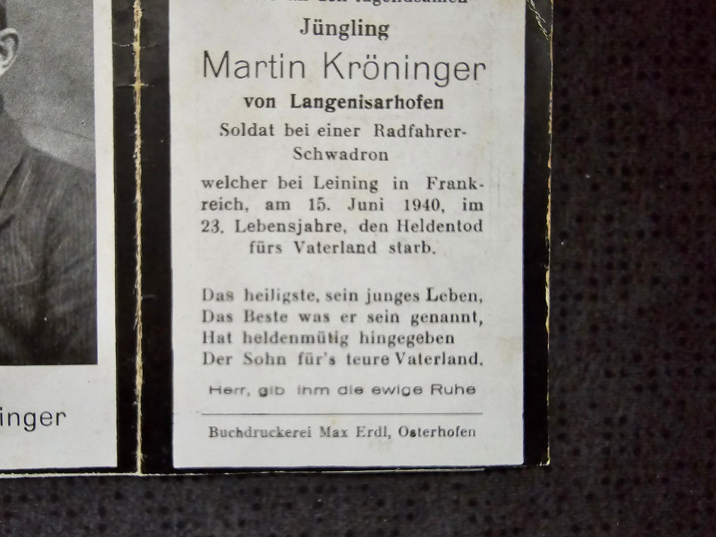 Sterbebild Schütze Cando/North Dakota USA 2. Schwdron Aufkl. Abt. 268 Léning Frankreich