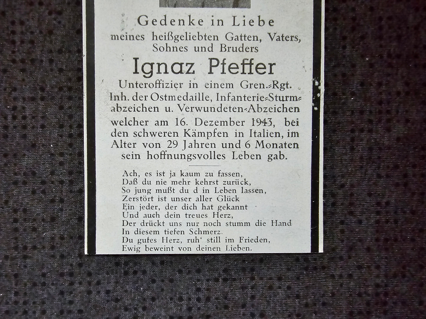 Sterbebild Unteroffizier 3. Reichs-Grenadier Regt. "Hoch & Deutschmeister" Mastro Giovanni Cassino Italien