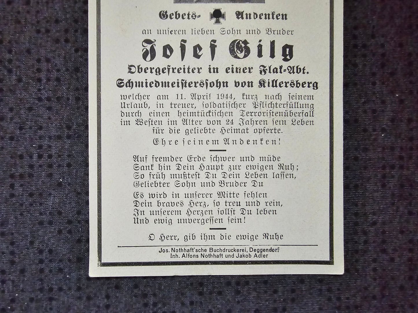 Sterbebild Obergefreiter Killesberg 3. Batterie Leichte Flak Abt. 752 Kerlouan Frankreich