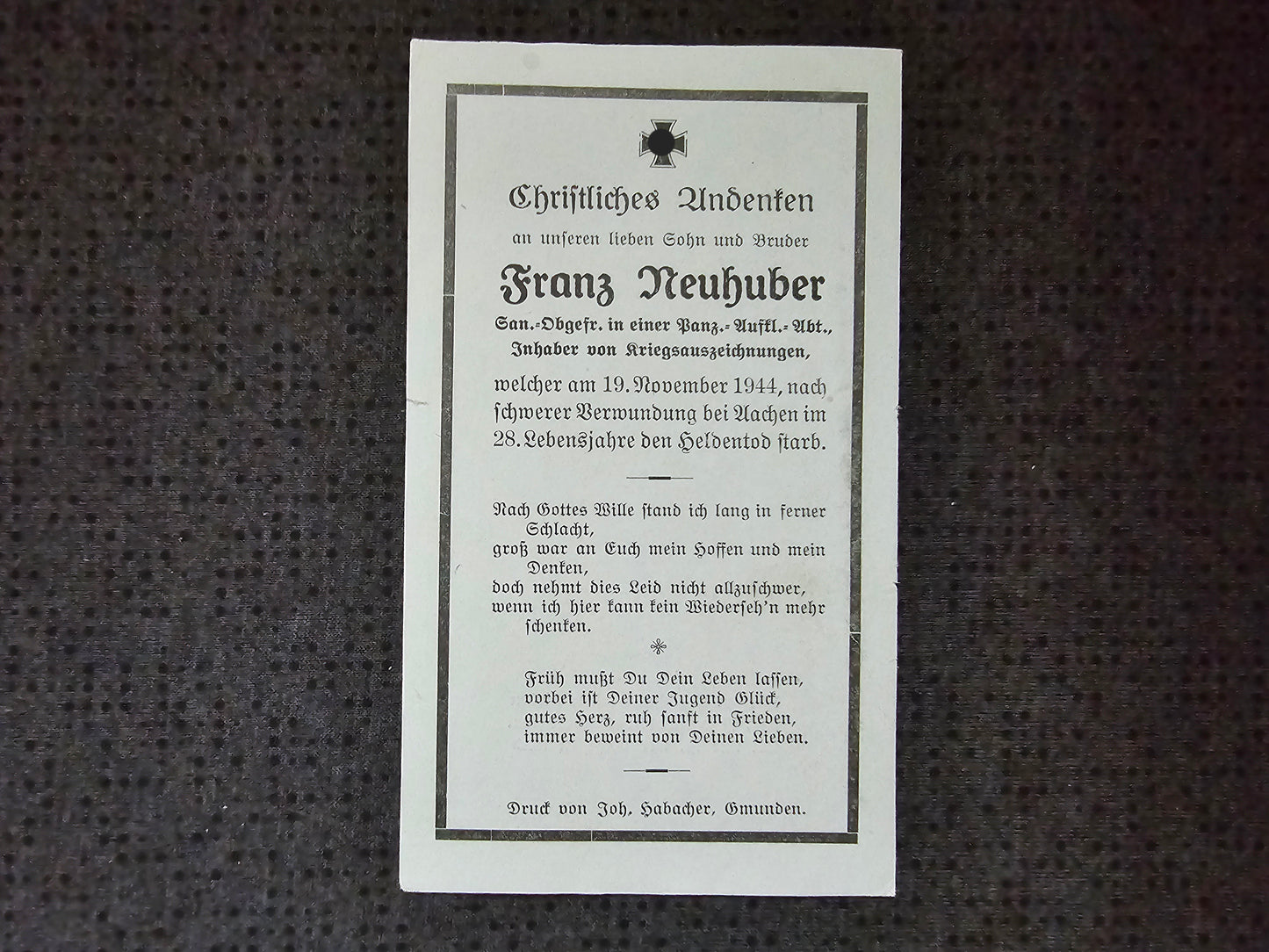 Sterbebild Sanitäts-Obergefreiter Vorchdorf 2. Panzer-Aufklärungs Abt. 9 Aachen Tuschenbroich Wegberg