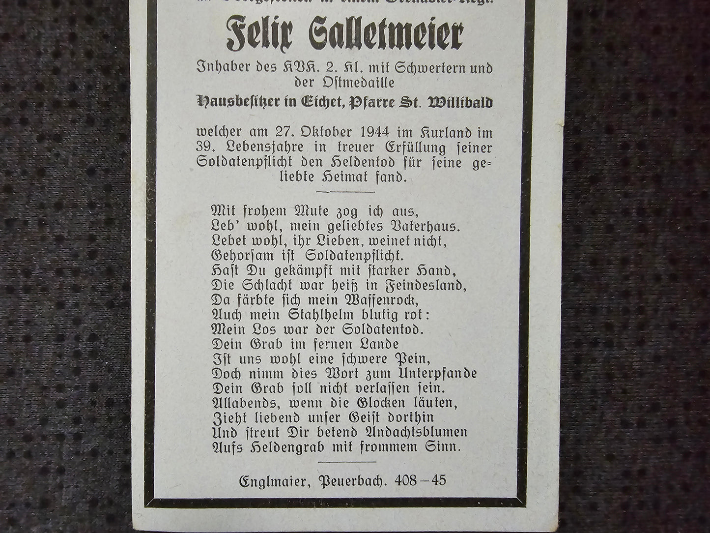 Sterbebild Obergefreiter Euzenkirchen Grenadier Regt. Auce Kurland Lettland