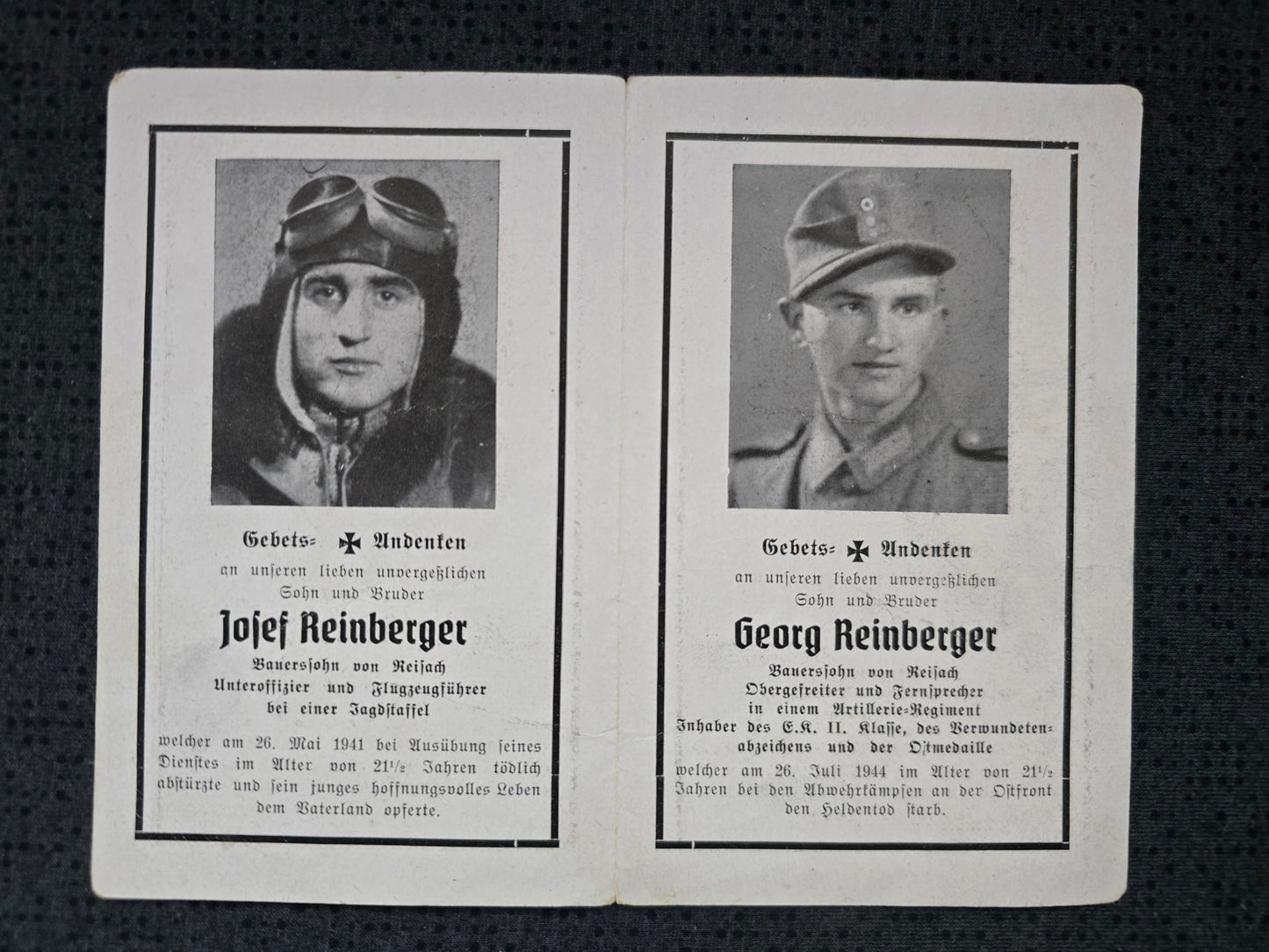 Sterbebild Brüder Unteroffizier Reisach 3. Staffel Jagdflieger Schule 1 Frankfurt Obergefreiter Artillerie Regt. Bobruisk Weissrussland