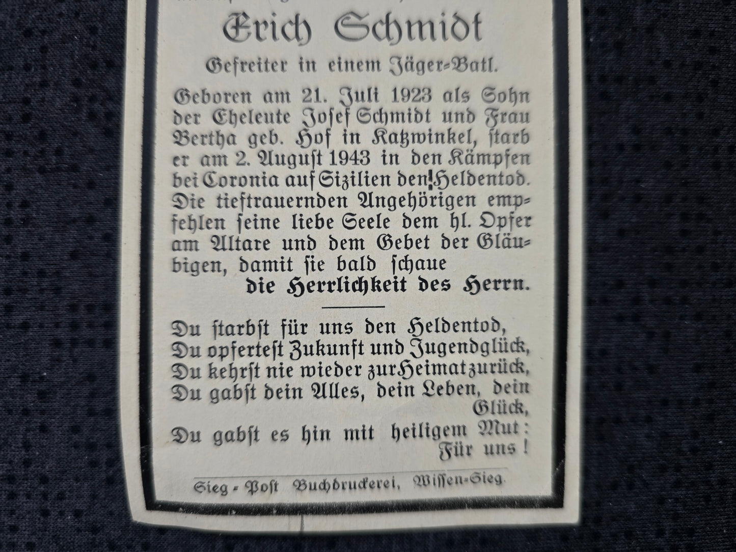 Sterbebild Gefreiter Katzwinkel 4. Schützen Ers. Btl. 104 (Mot) Caronia Sizilien Italien