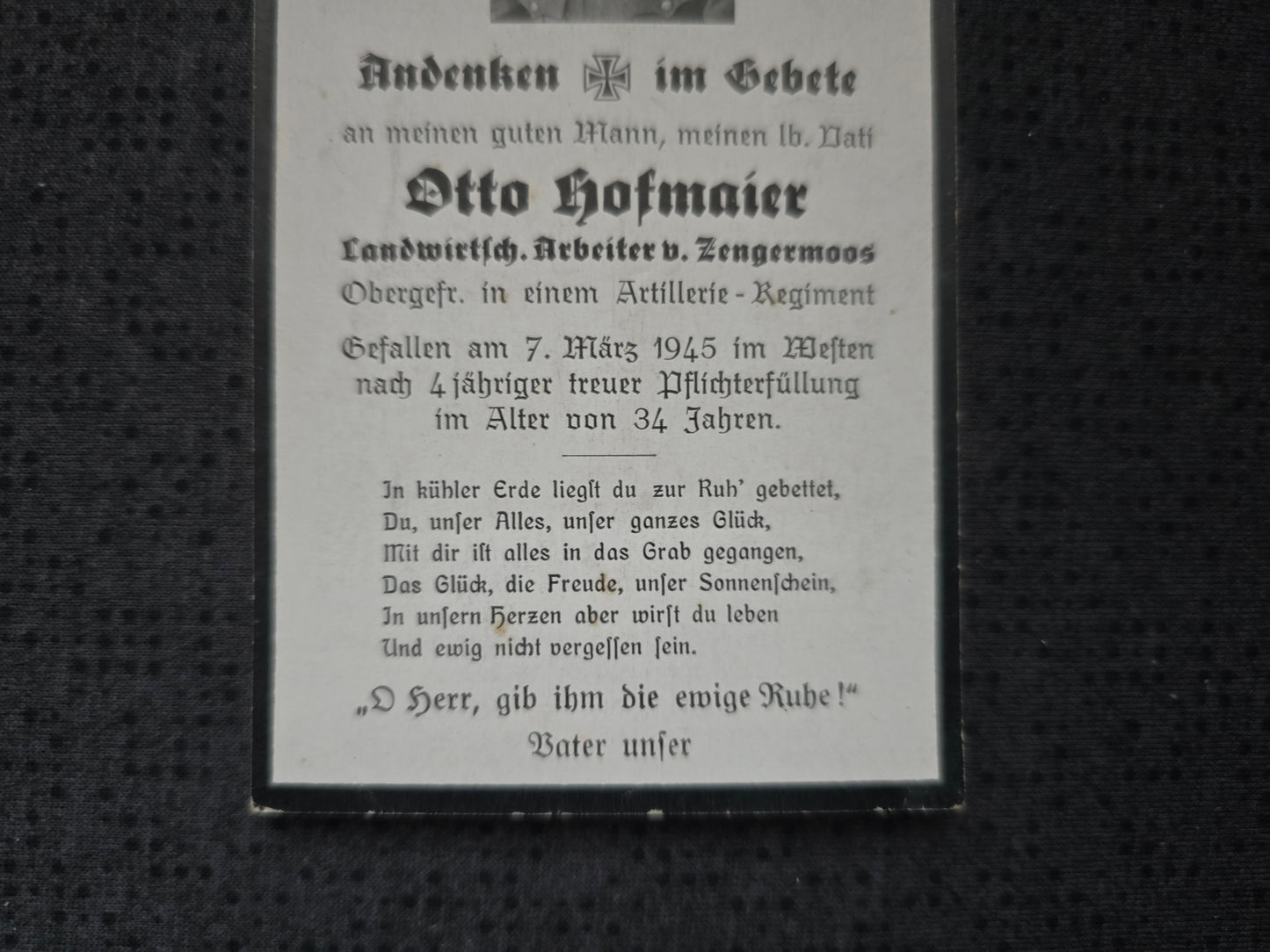 Sterbebild Obergefreiter Schwaig Artillerie Regt. Endkampf Westen Mosel Helenenberg Deutschland