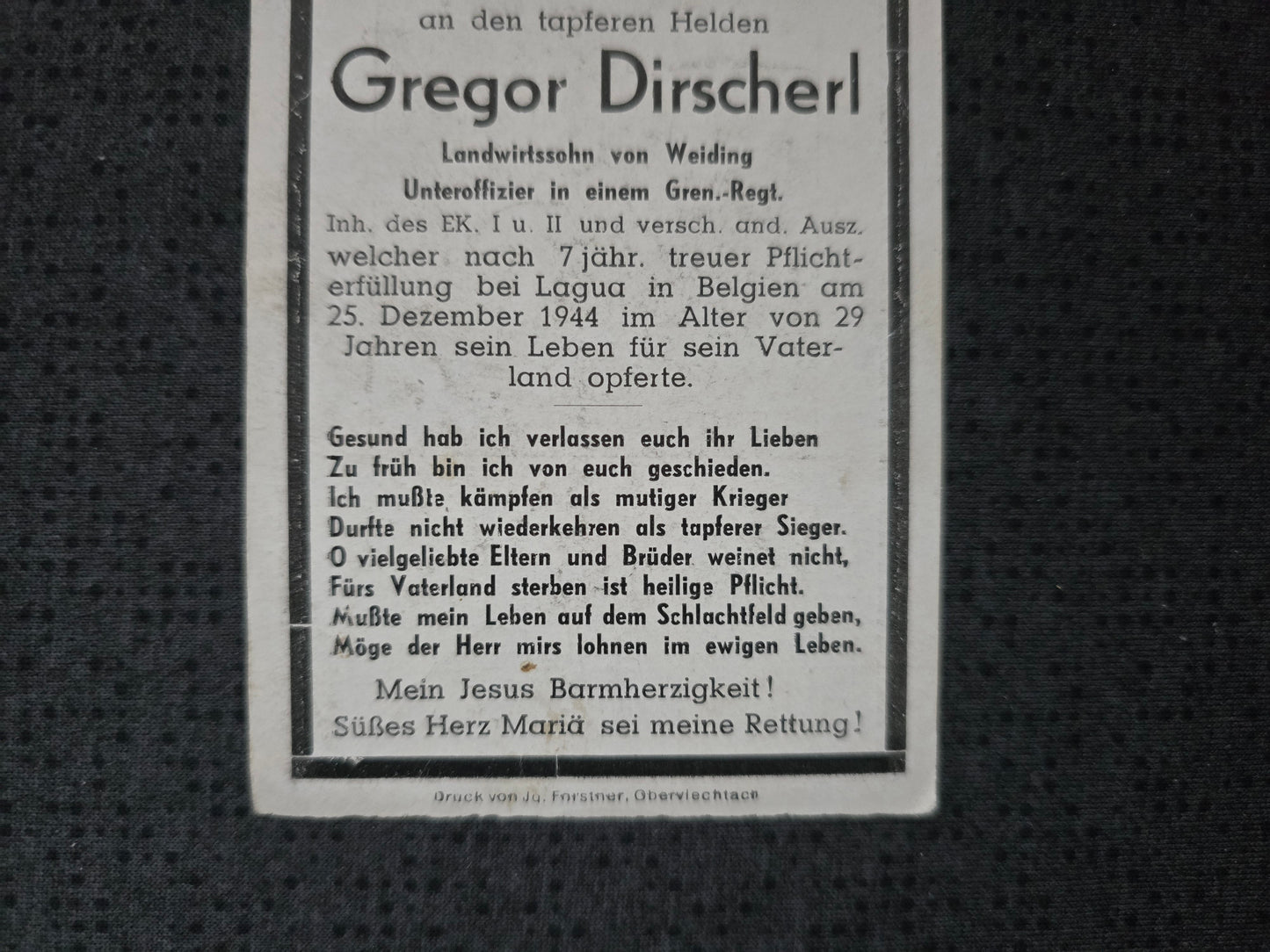 Sterbebild Unteroffizier Weiding Grenadier Regt. EK I&II Lagua Lommel Belgien