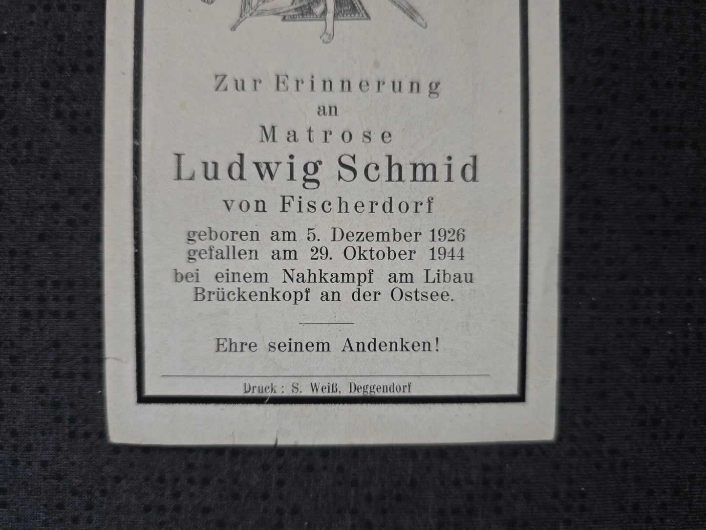 Sterbebild Matrose Deggendorf Libau Brückenkopf Nahkampf Ostsee Aninieki Lettland