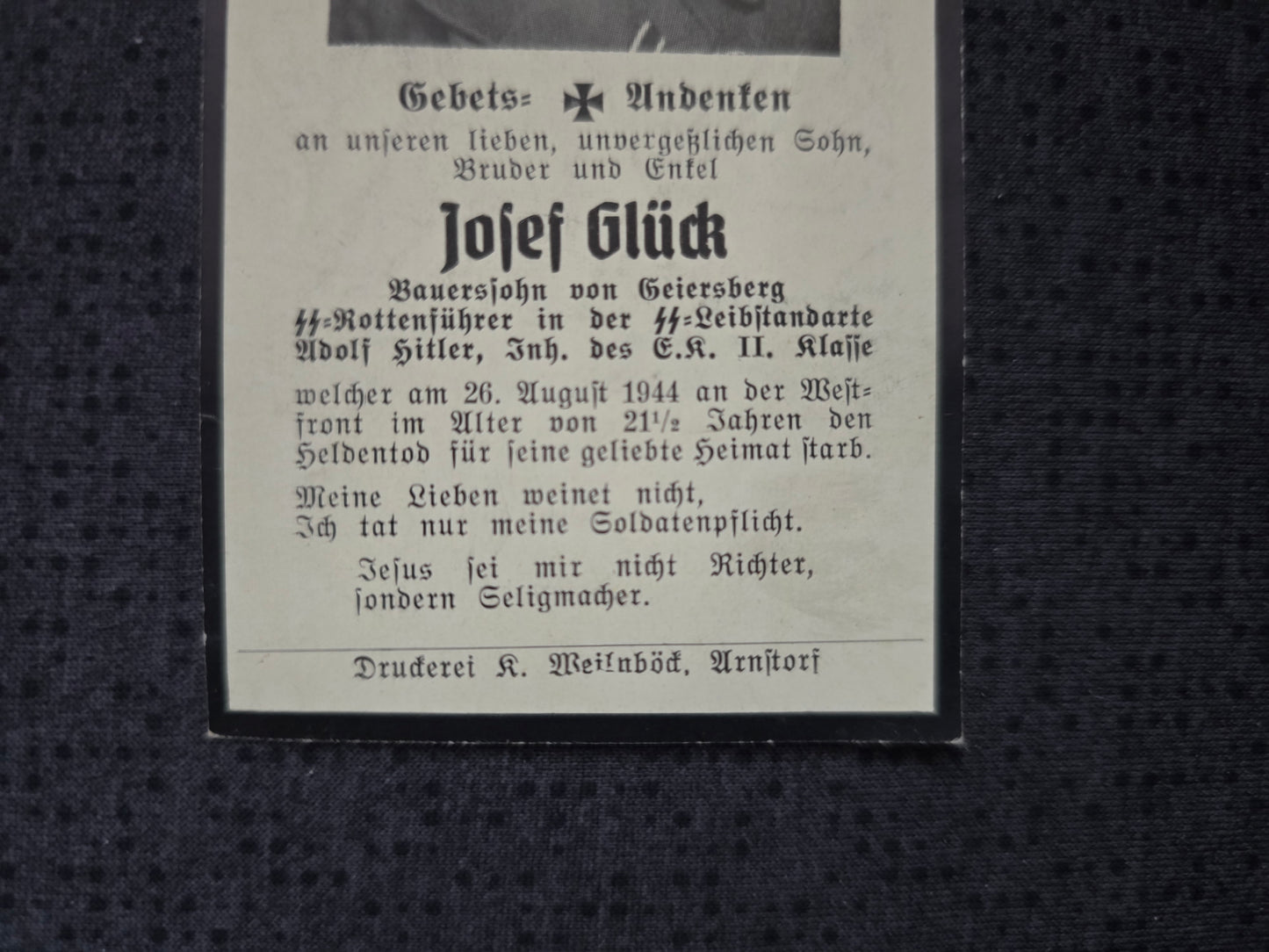 Sterbebild SS-Rottenführer Geiersberg der LSAH Westfront Lille Bourdon Frankreich