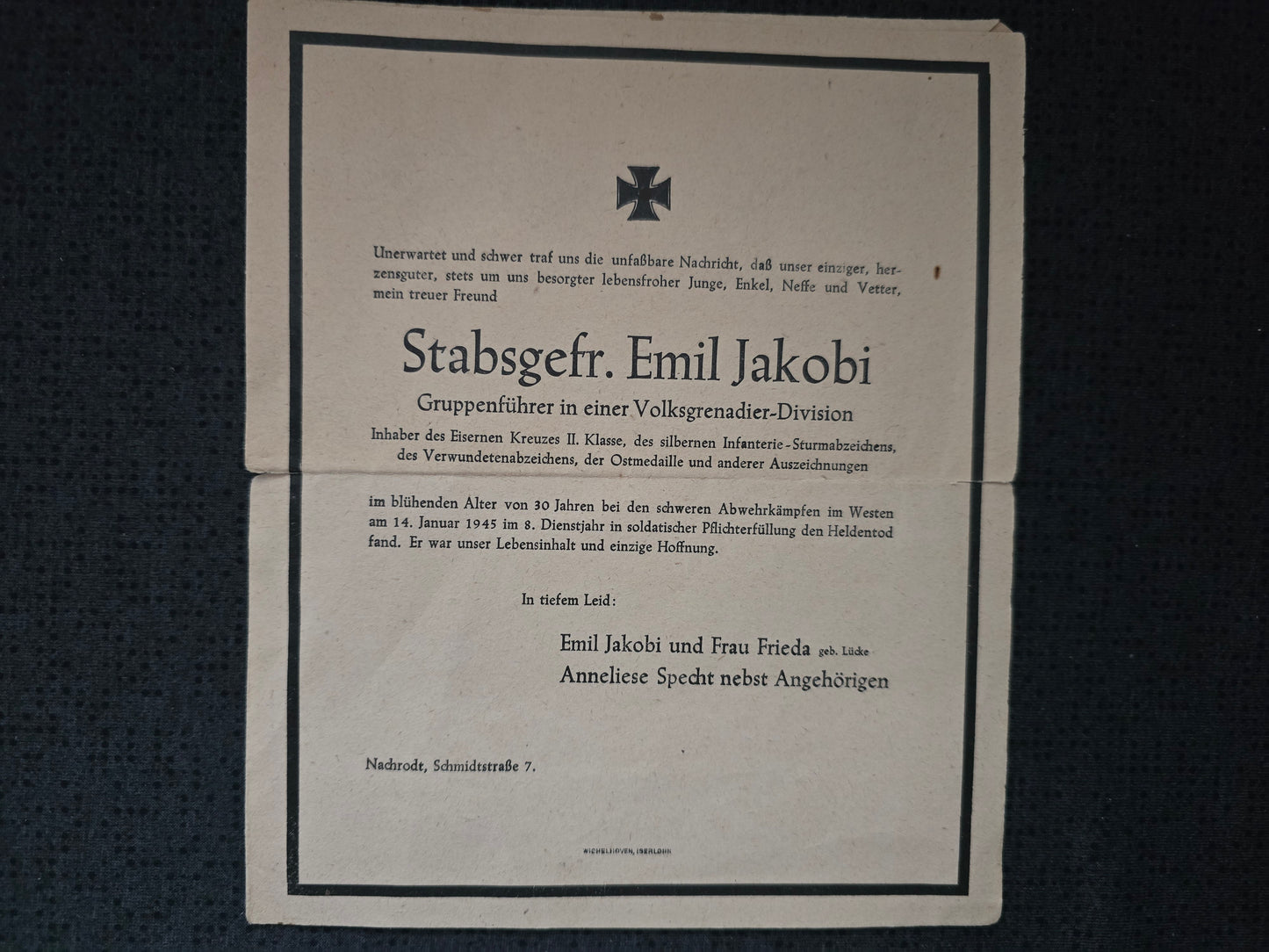 Sterbebild (Brief) Stabsgefreiter Nachrodt Gruppenführer Volksgrenadier-Division VGD Endkampf Hürtgenwald Westen Ysselsteyn Holland