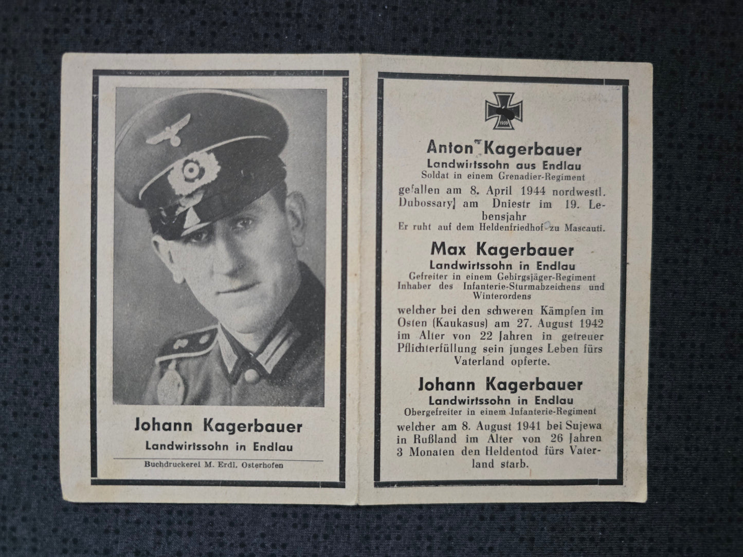 Sterbebild 3 Brüder Endlau Schütze 3. Panzer Abt. 110 Mascauti Moldawien 8. Komp. Geb. Jäg. Regt. 98 Kaukasus 5. Komp. Inf. Regt. 900 Sujewa