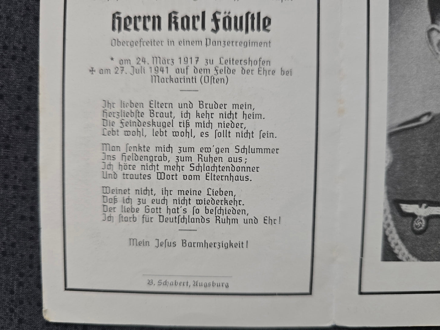 Sterbebild Obergefreiter Panzer Regt. Leitershofen 9. Schützen Regt. 40 Makarinki Russland