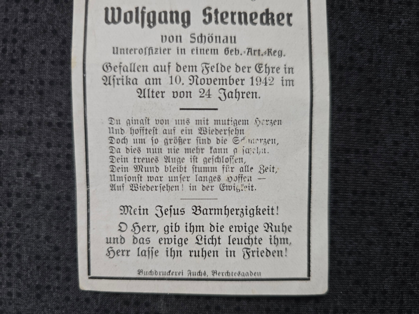 Sterbebild Unteroffizier Schönau Stabs Batterie Geb. Art. Regt. 220 Capuzzo Tobruk Lybien Afrika