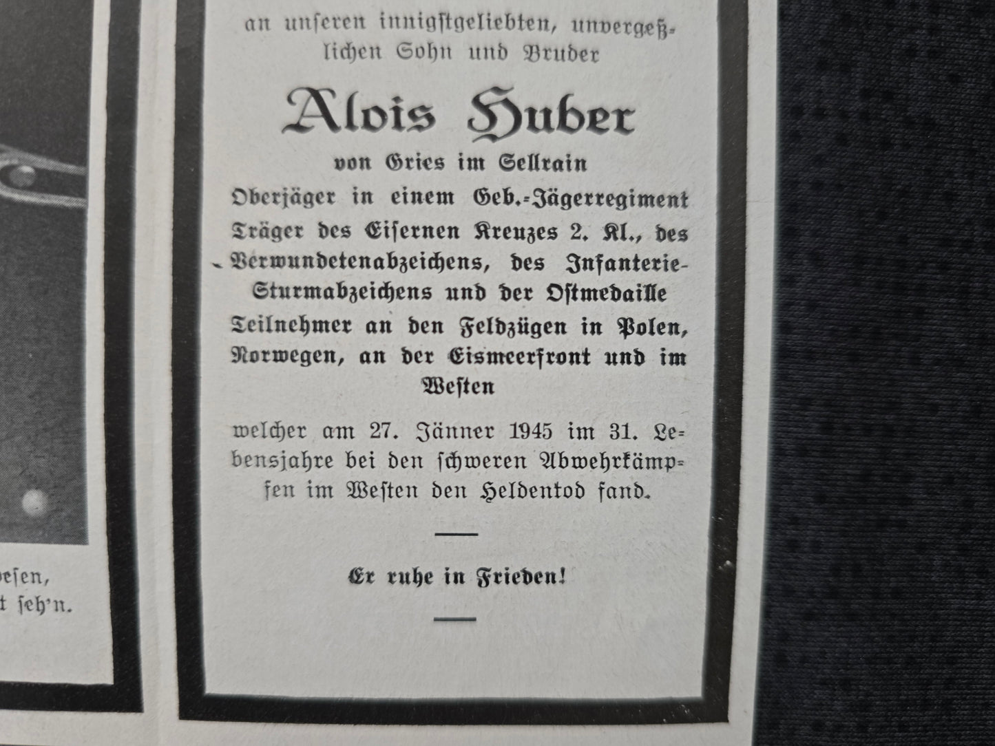 Sterbebild Oberjäger Gries Gebirgsjäger Regt. Endkampf schwere Abwehrkämpfe Westen